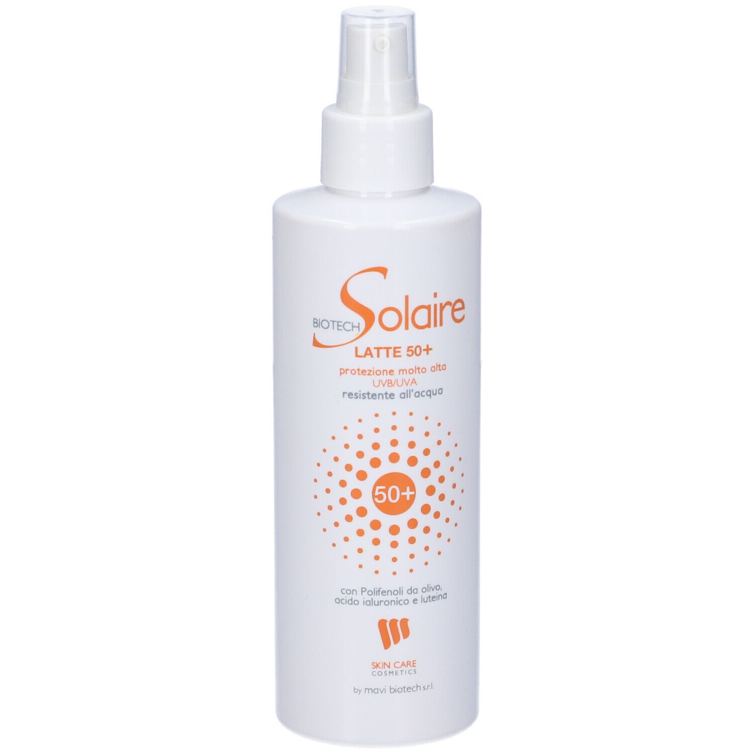 Flacone spray bianco con scritta arancione. Nome prodotto: Solaire Latte 50+. Fattore di protezione solare 50+.