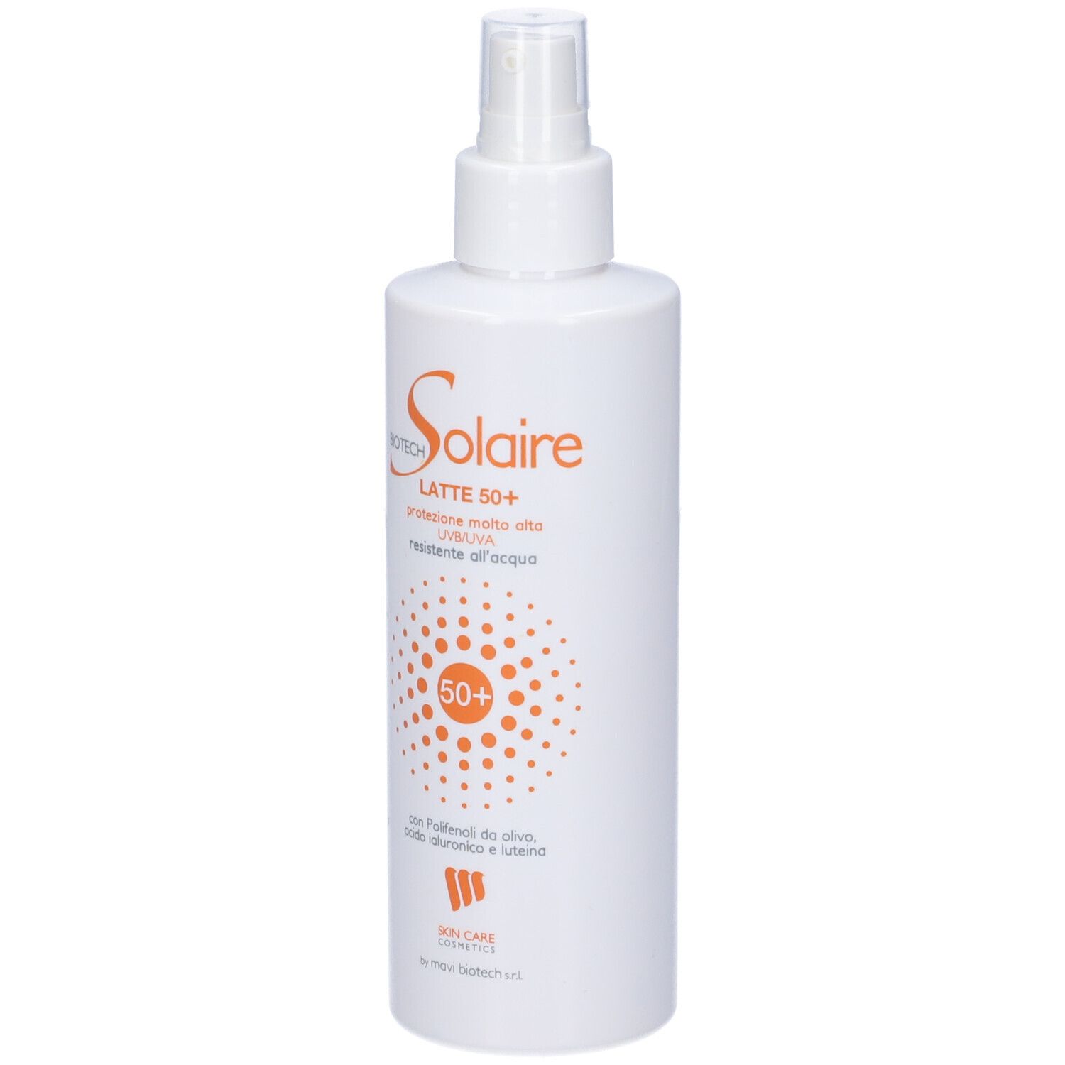 Flacone spray bianco con scritta arancione. Nome prodotto: Solaire Latte 50+. Fattore di protezione solare 50+.