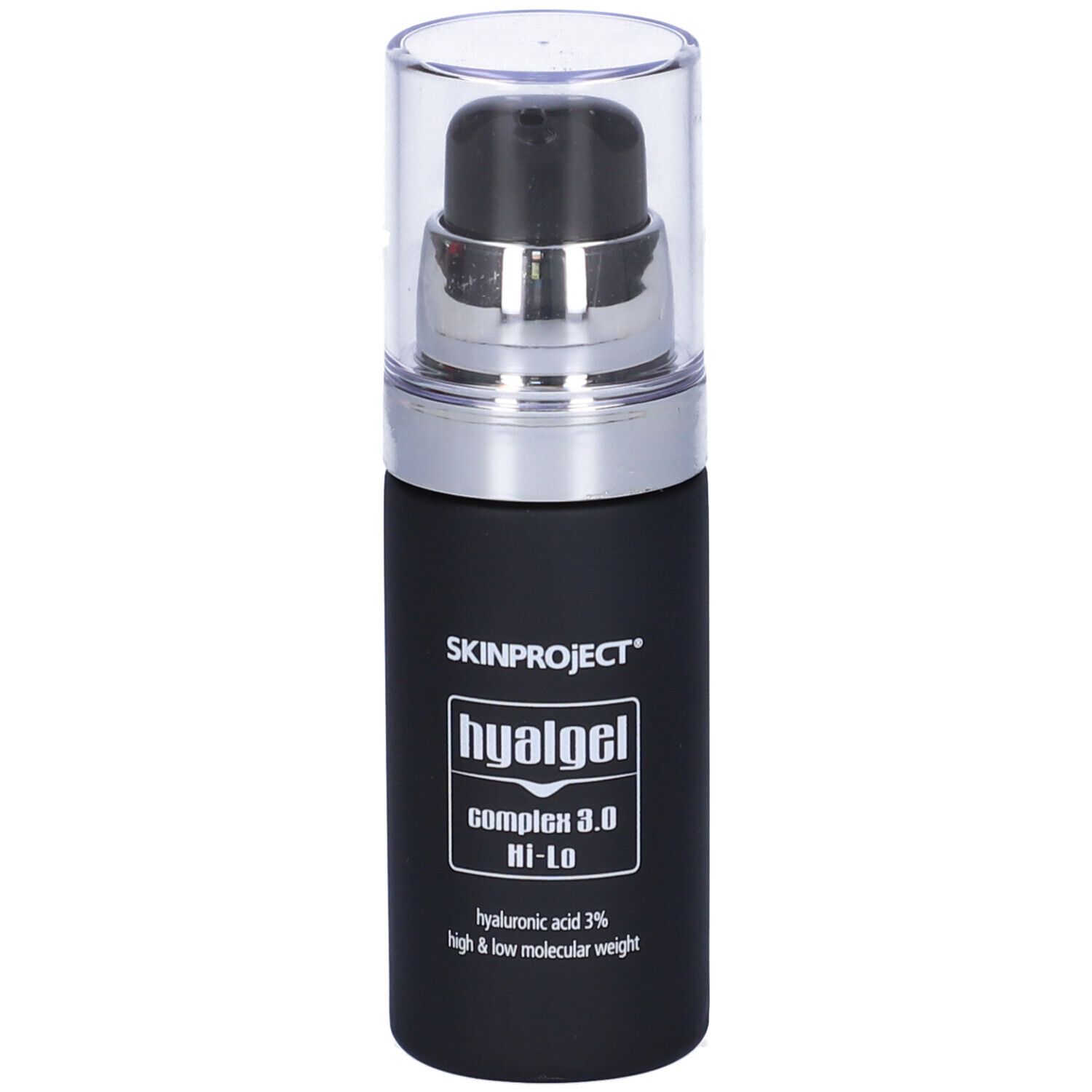 Flacone nero con pompa. Scritta: Skinproject Hyal Gel Complex 3.0 Hi-Lo.