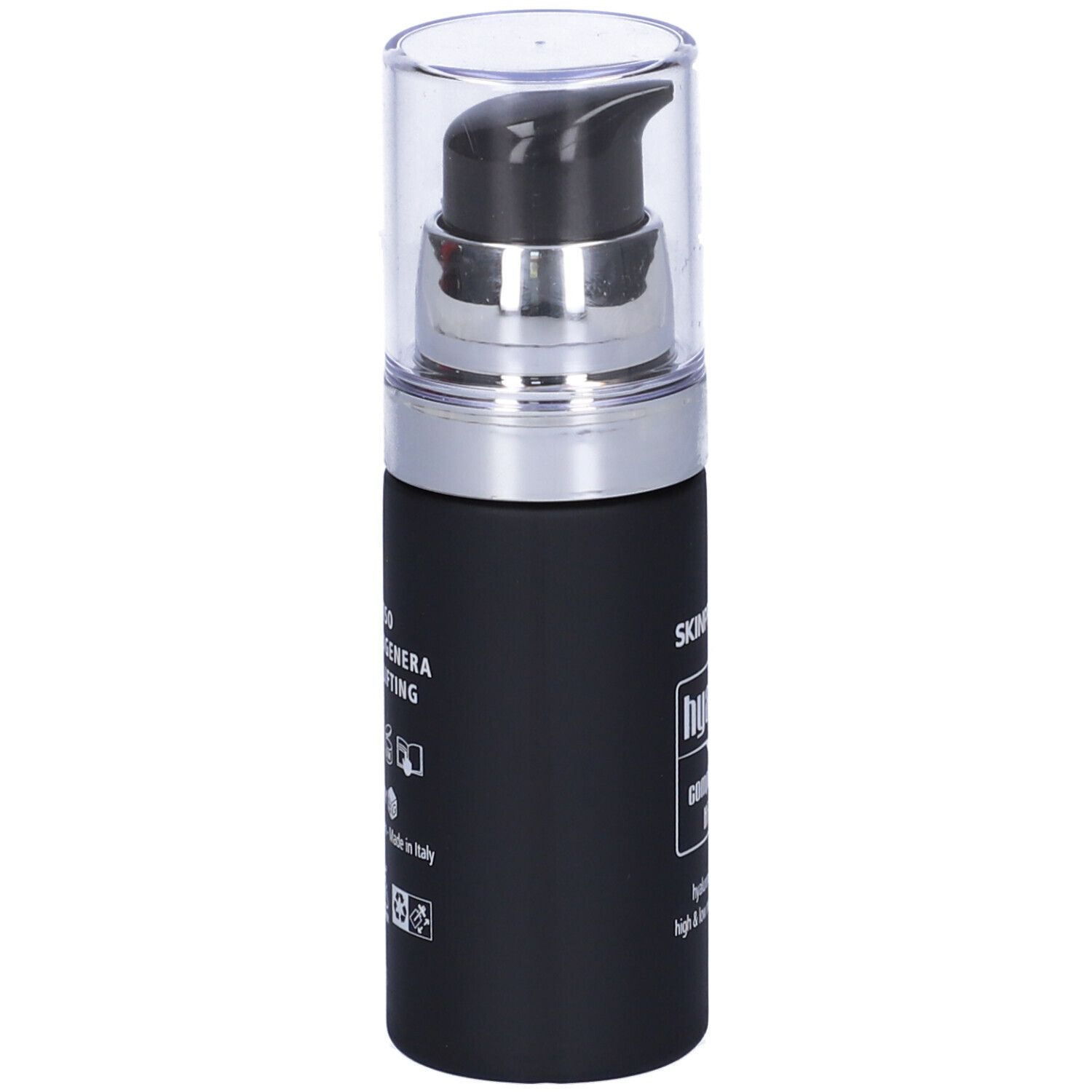 Flacone nero con pompa. Scritta: Skinproject Hyal Gel Complex 3.0 Hi-Lo.