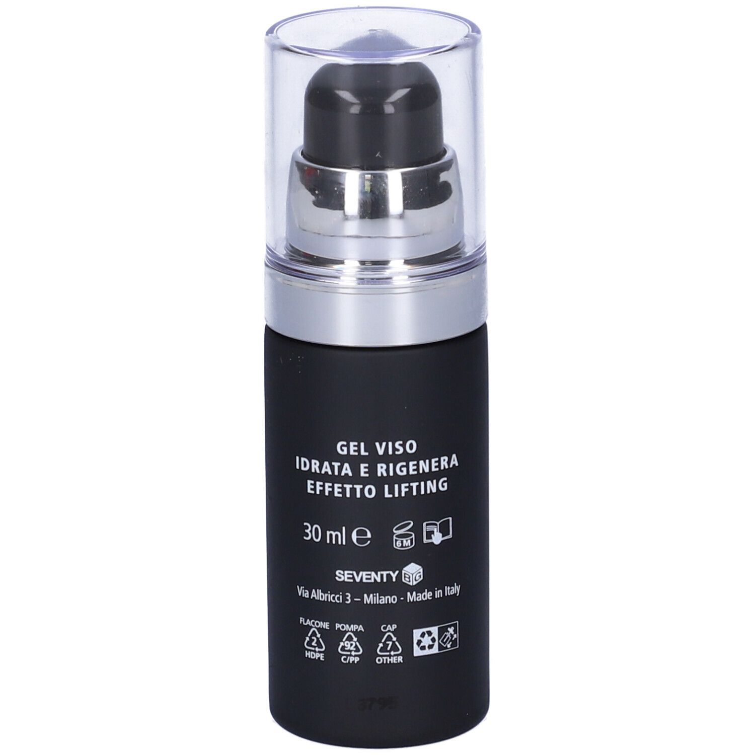 Flacone nero con pompa. Scritta: Gel Viso, 30 ml. Indirizzo produttore.