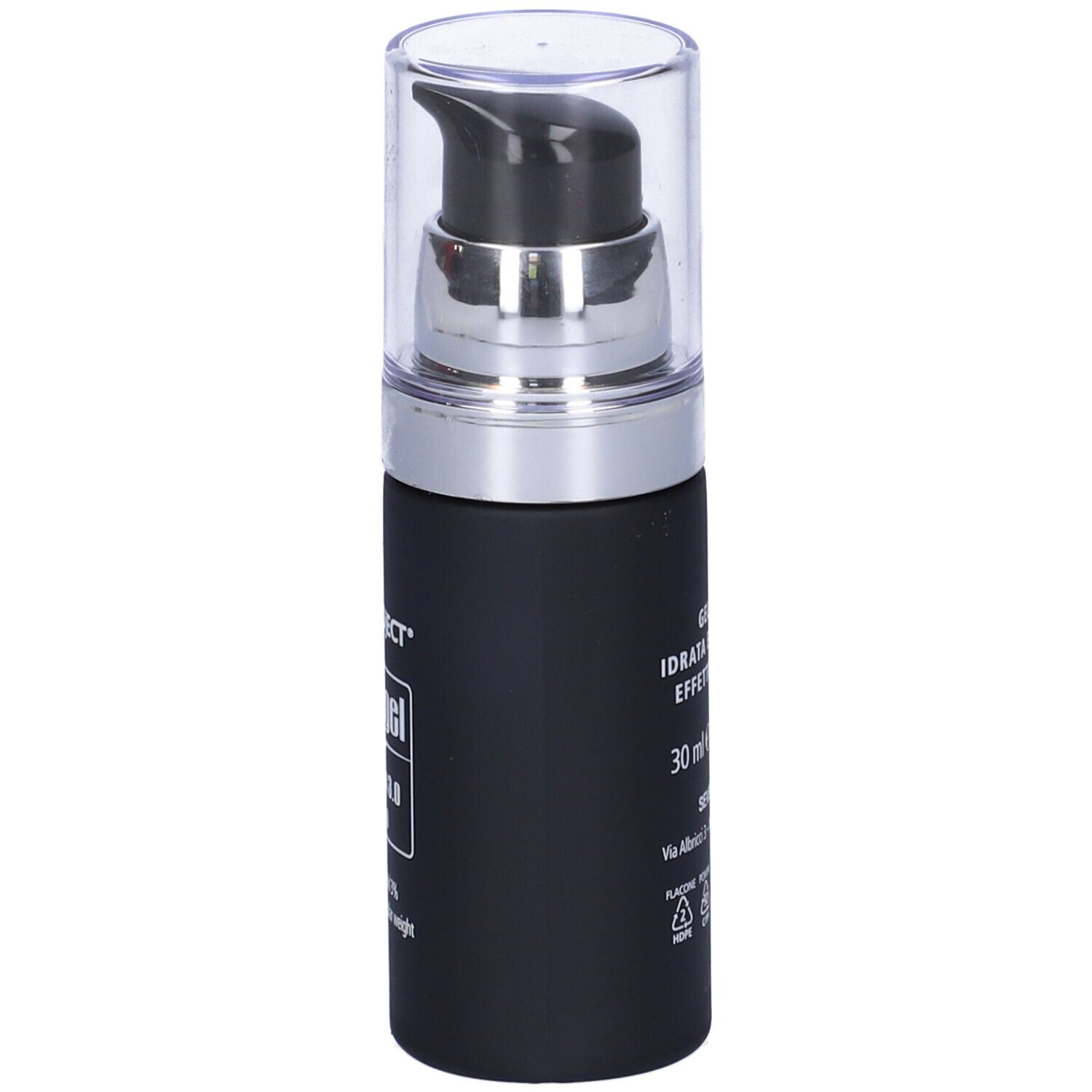 Flacone nero con pompa. Scritta: Gel Viso, 30 ml. Indirizzo produttore.