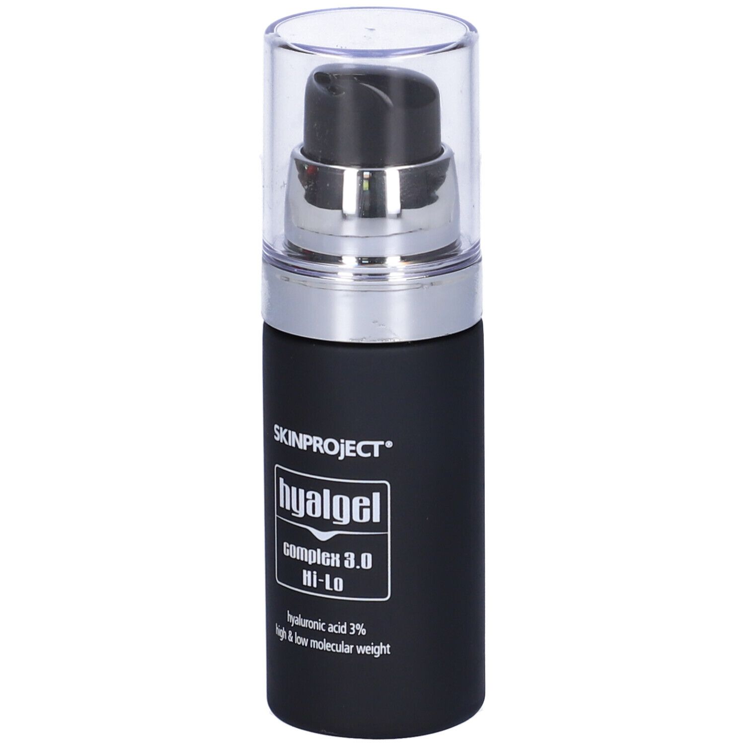 Flacone nero con pompa. Scritta: Skinproject Hyal Gel Complex 3.0 Hi-Lo.