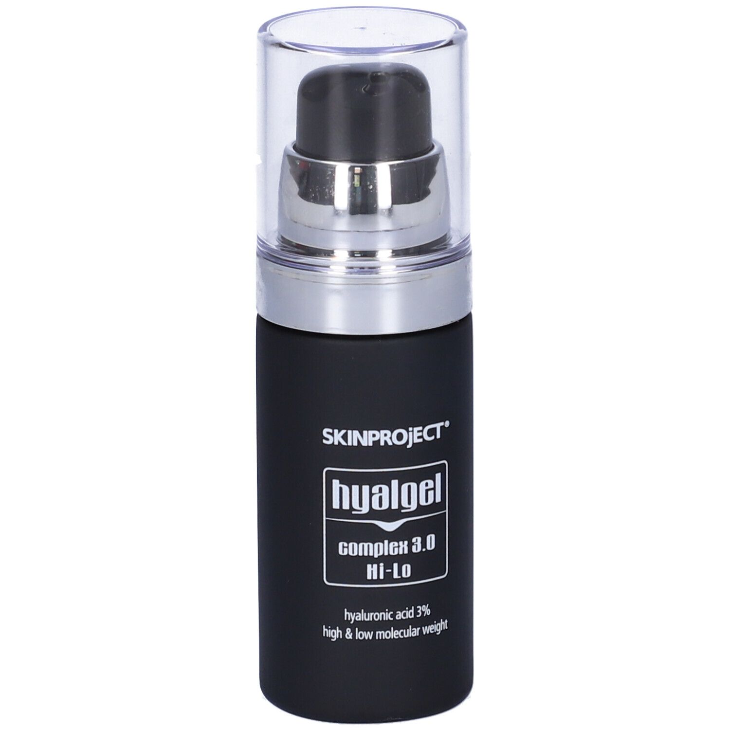 Flacone nero con pompa. Scritta: Skinproject Hyal Gel Complex 3.0 Hi-Lo.