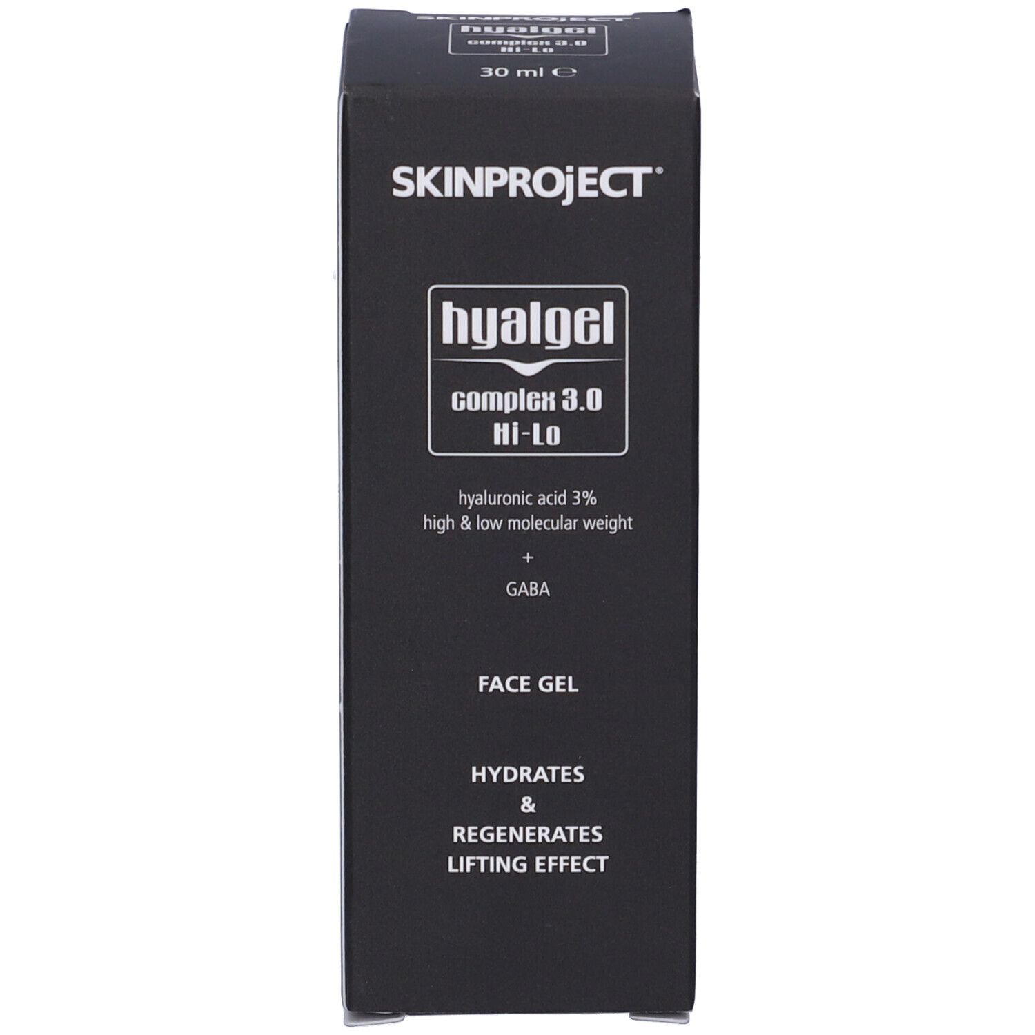 Scatola. Scritta: Skinproject Hyal Gel Complex 3.0 Hi-Lo. Informazioni prodotto.
