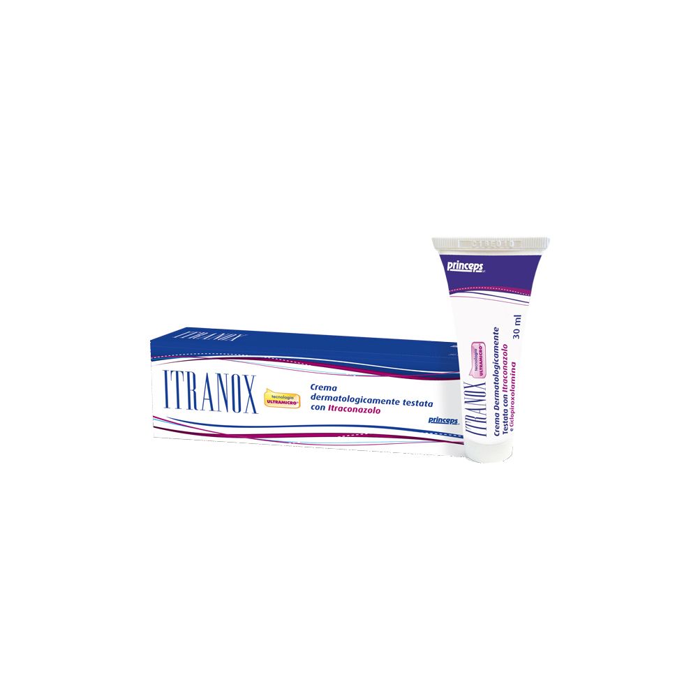 Tubo e scatola di crema. Scritta ITRAXON. Testo: Crema dermatologicamente testata con Itraconazolo e Ciclopiroxolamina. 30 ml.