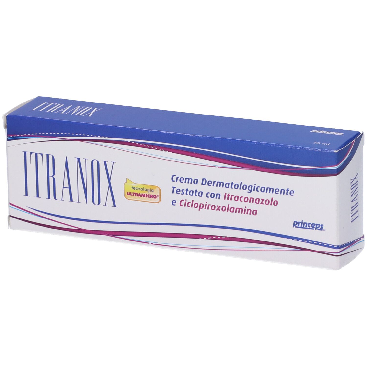 Scatola blu e bianca. Scritta ITRAXON. Testo: Crema dermatologicamente testata con Itraconazolo e Ciclopiroxolamina. 30 ml. Marchio: princeps.