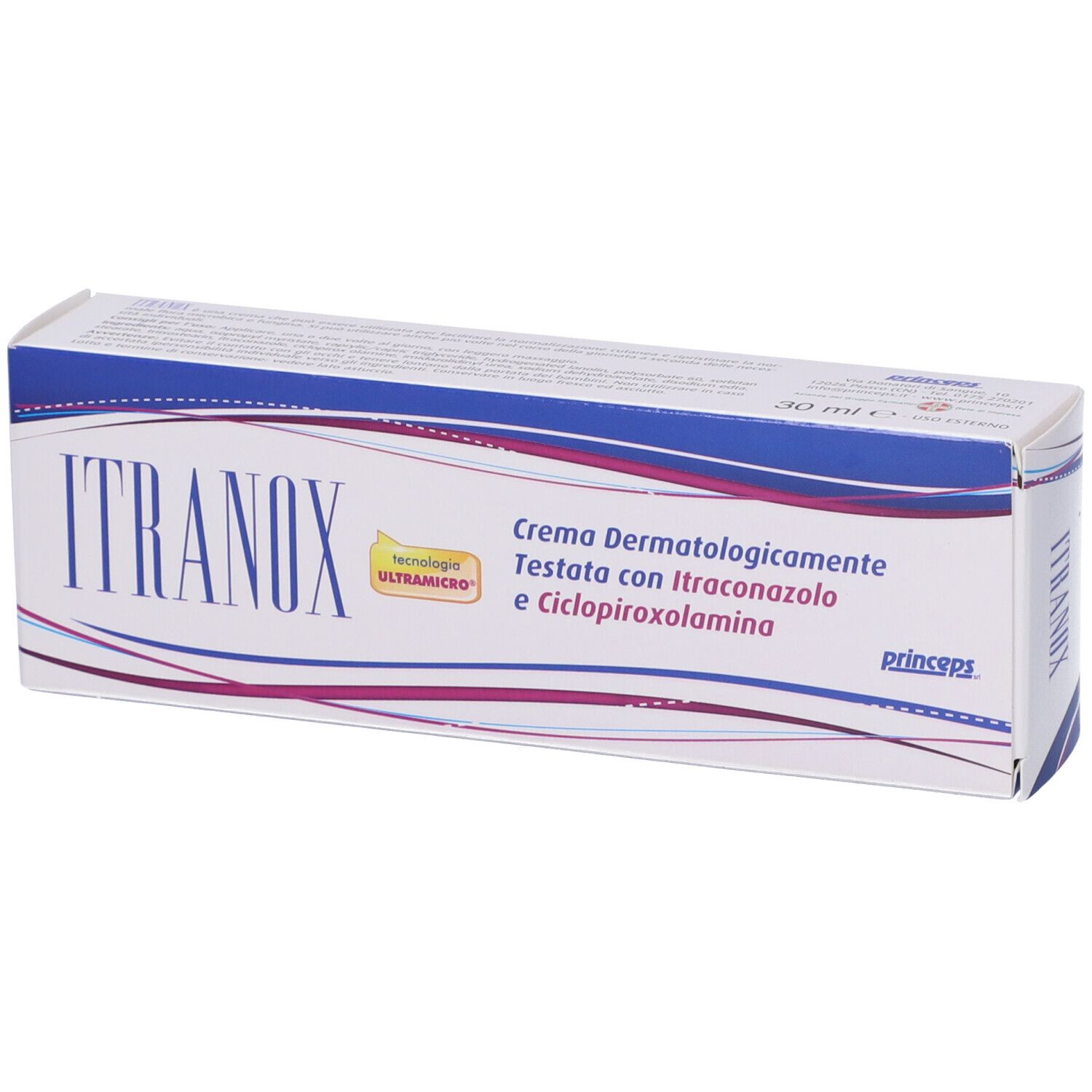 Scatola blu e bianca. Scritta ITRAXON. Testo: Crema dermatologicamente testata con Itraconazolo e Ciclopiroxolamina. 30 ml. Marchio: princeps.