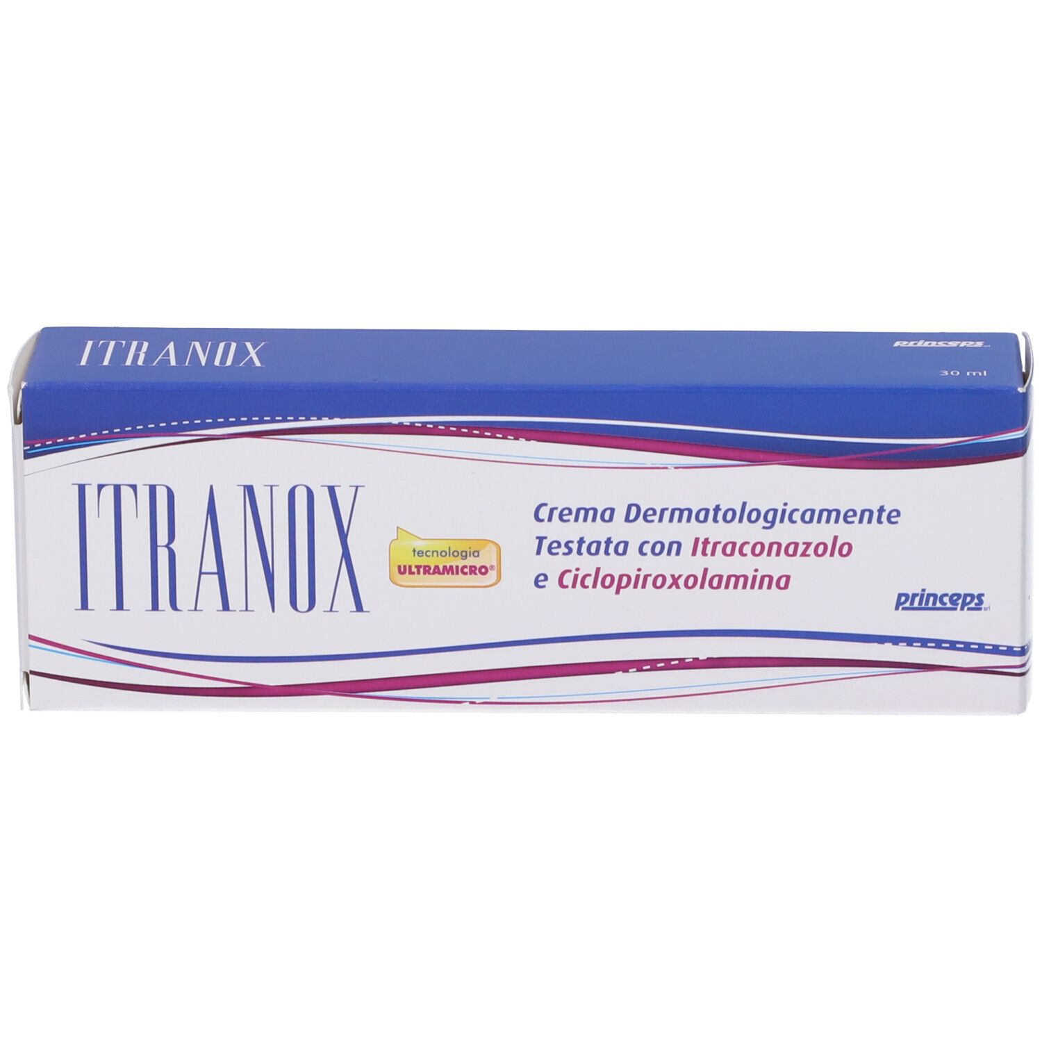 Scatola blu e bianca. Scritta ITRAXON. Testo: Crema dermatologicamente testata con Itraconazolo e Ciclopiroxolamina. 30 ml. Marchio: princeps.