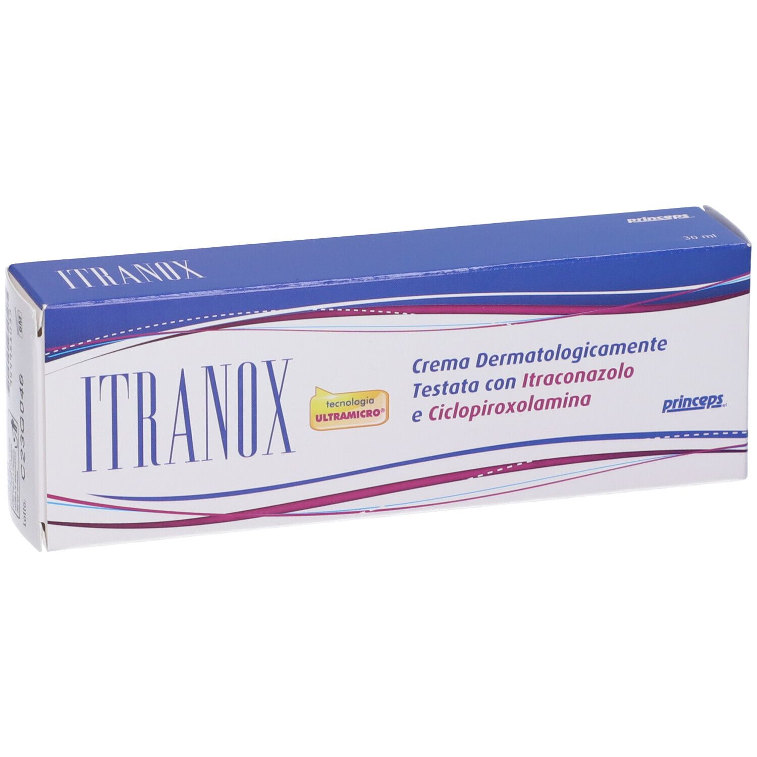 Scatola blu e bianca. Scritta ITRAXON. Testo: Crema dermatologicamente testata con Itraconazolo e Ciclopiroxolamina. 30 ml. Marchio: princeps.