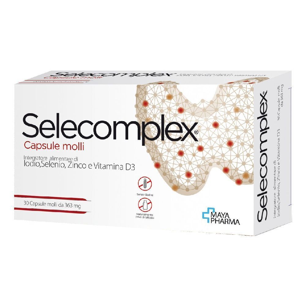Scatola di capsule Selecomplex. Contiene iodio, selenio, zinco e vitamina D3. 30 capsule. Logo Maya Pharma.