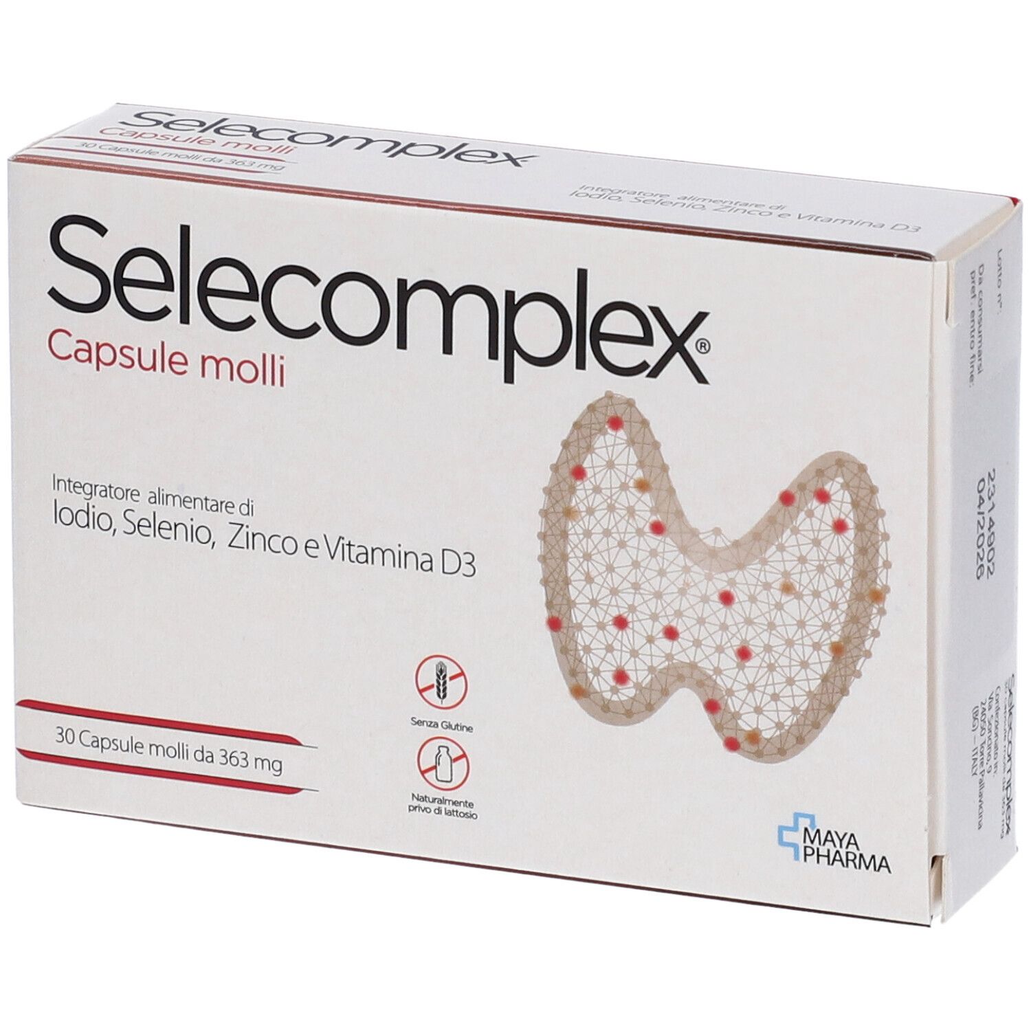 Scatola di capsule Selecomplex. Contiene iodio, selenio, zinco e vitamina D3. 30 capsule. Logo Maya Pharma.