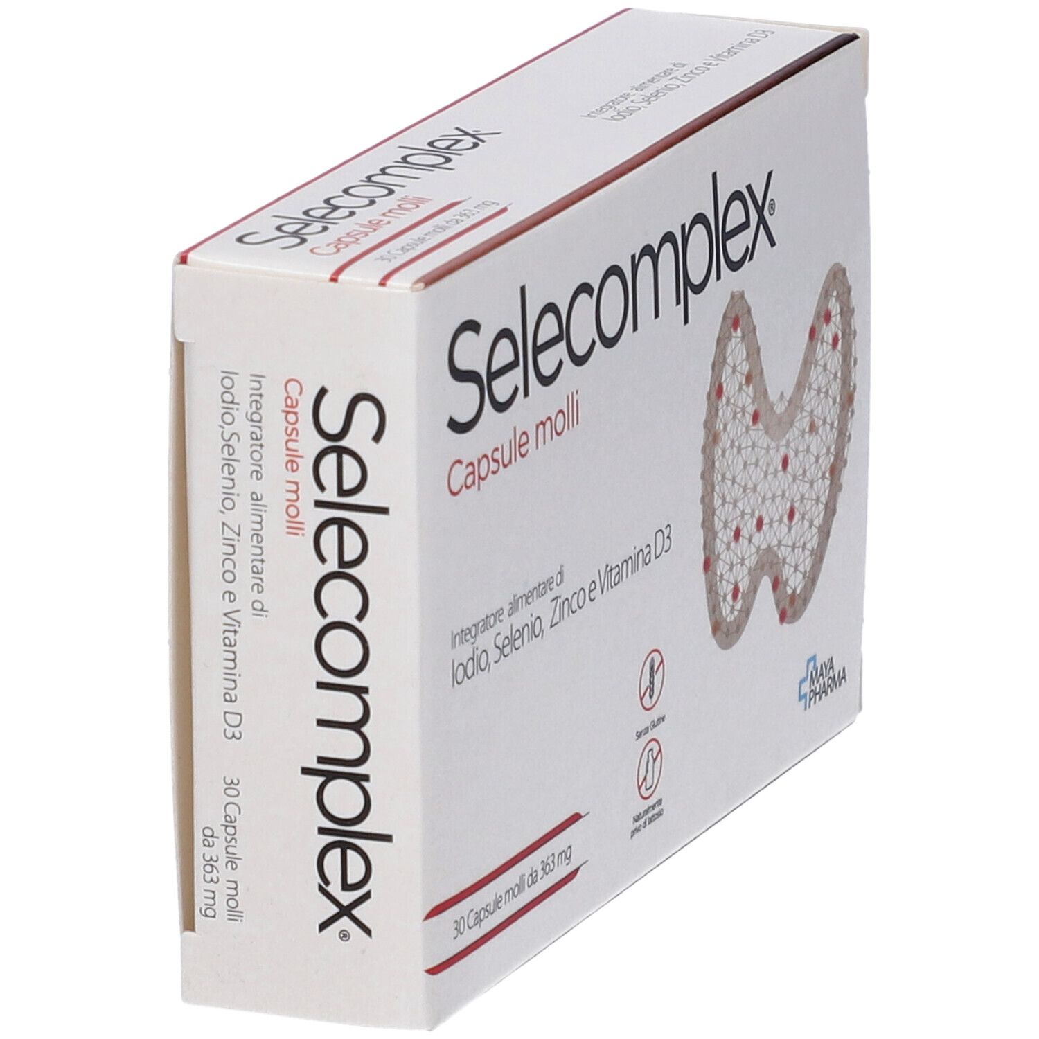 Scatola di capsule Selecomplex. Contiene iodio, selenio, zinco e vitamina D3. 30 capsule. Logo Maya Pharma.