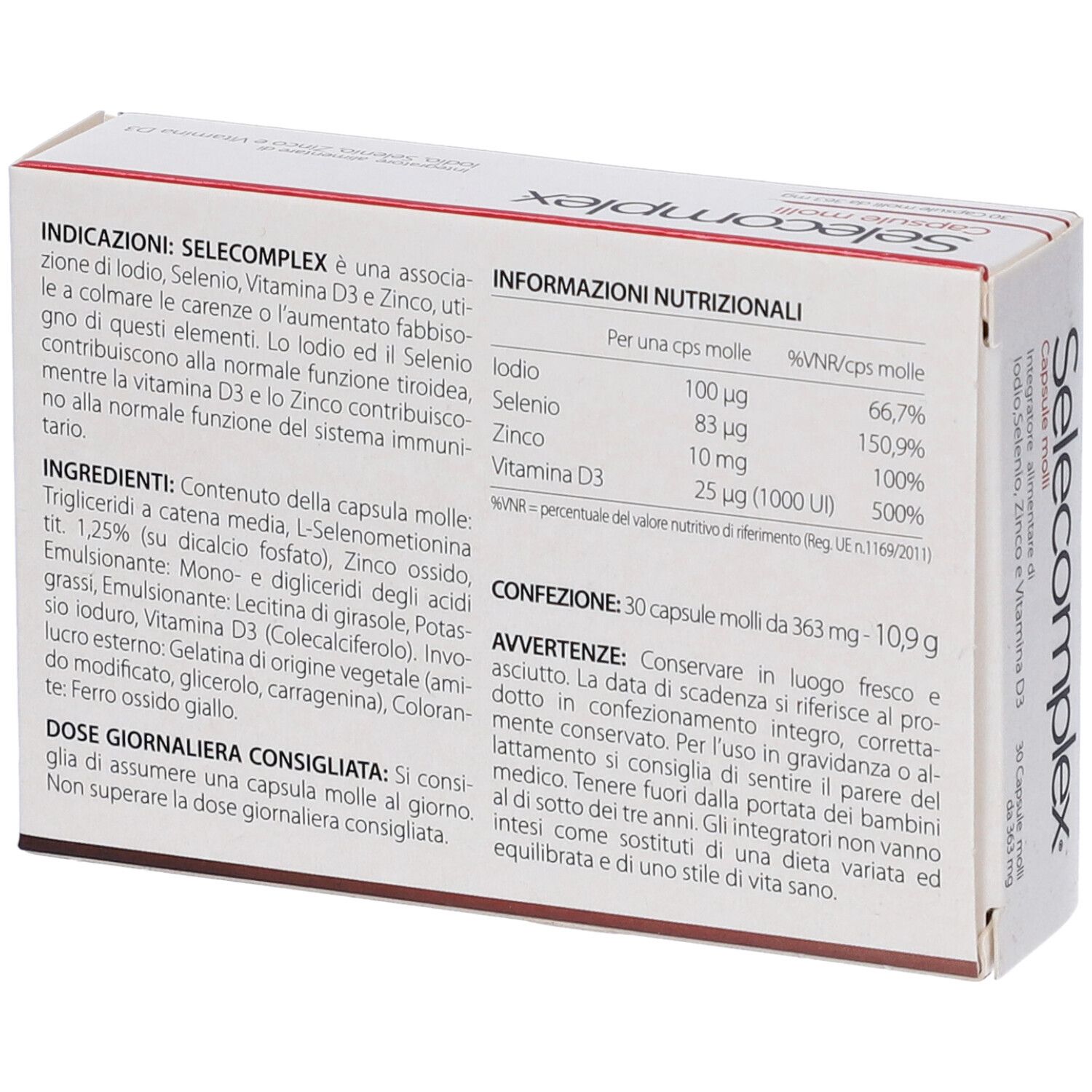 Retro della scatola di capsule Selecomplex. Contiene informazioni sugli ingredienti e i valori nutrizionali. 30 capsule.