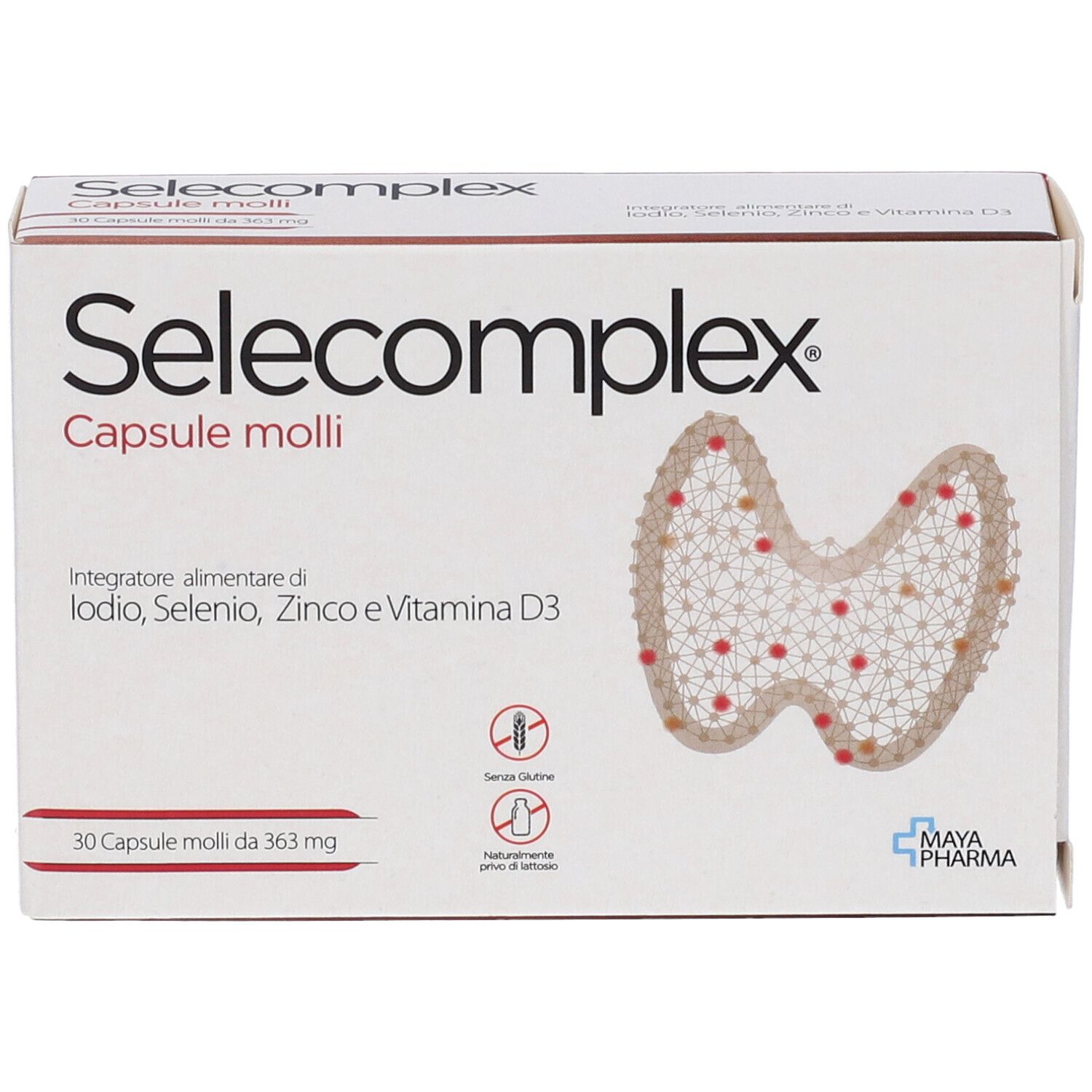 Scatola di capsule Selecomplex. Contiene iodio, selenio, zinco e vitamina D3. 30 capsule. Logo Maya Pharma.