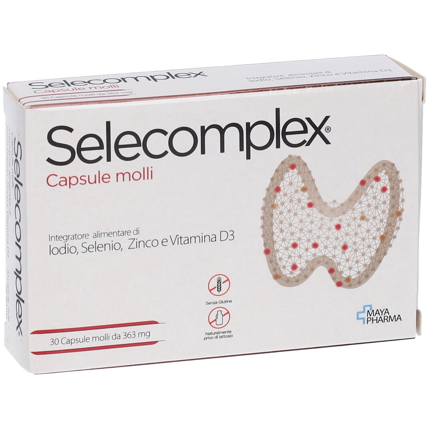 Scatola di capsule Selecomplex. Contiene iodio, selenio, zinco e vitamina D3. 30 capsule. Logo Maya Pharma.
