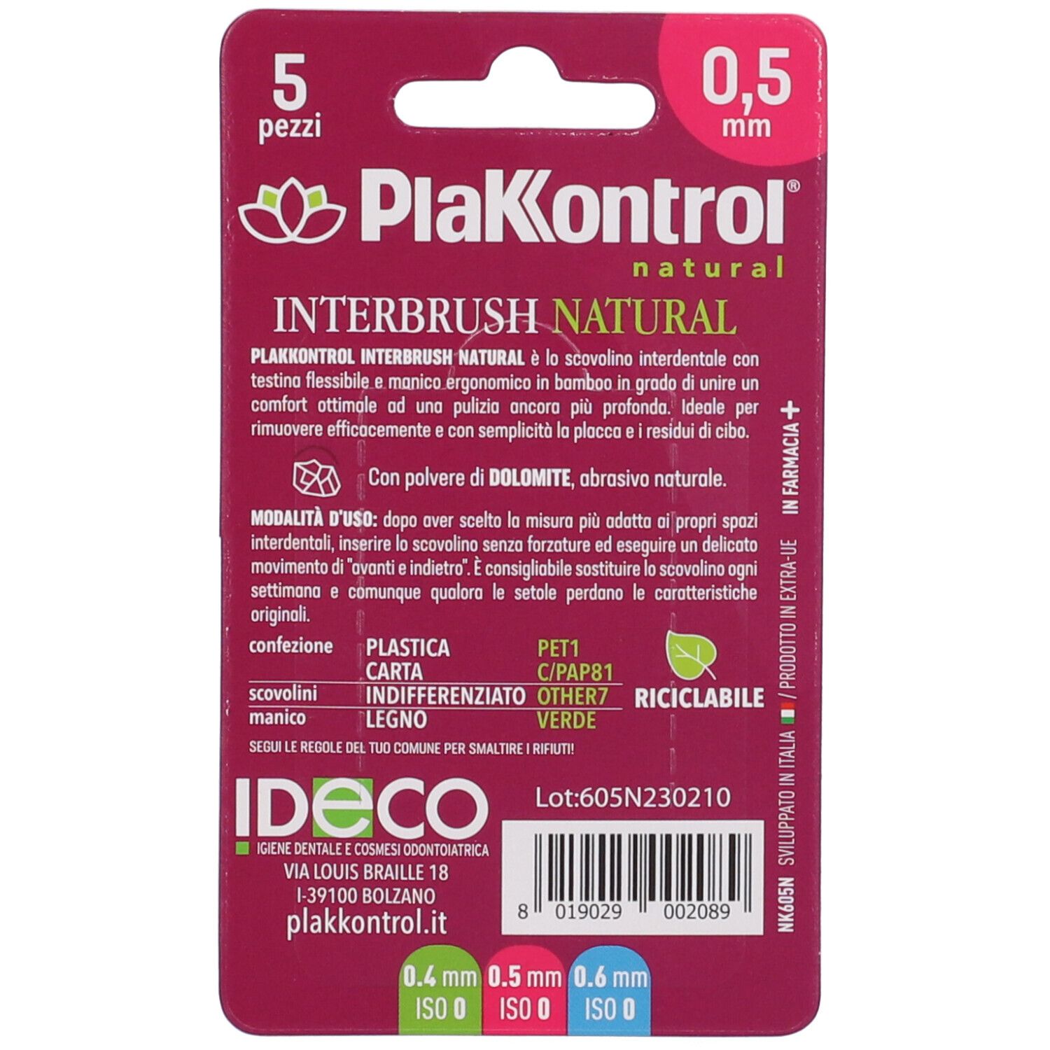 PlaKontrol Interbrush Natural 5er Packung, 0,5 mm Borstenstärke. Bambusgriff, Dolomit-Pulver.