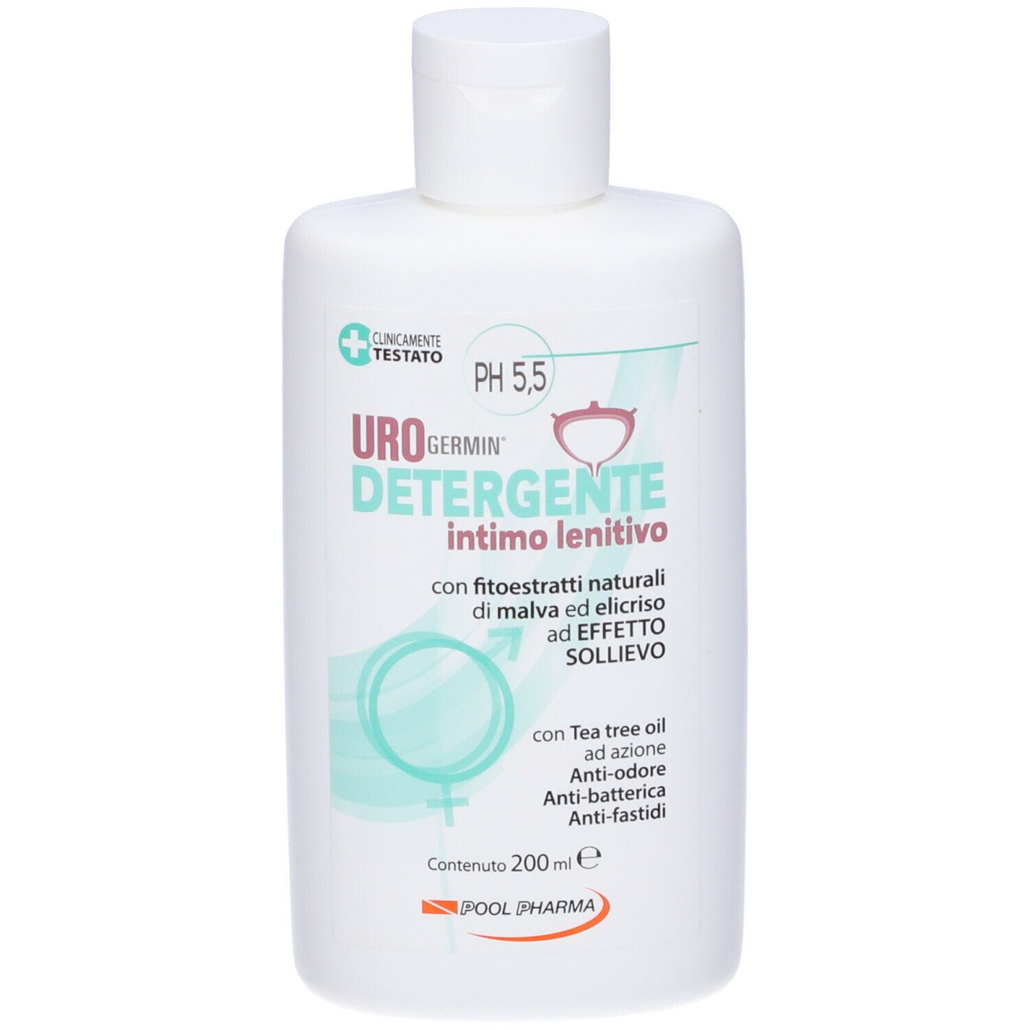 Flacone bianco con scritte verde-turchese. Urogermin Detergente intimo lenitivo, pH 5,5. Contiene estratti di malva ed elicriso. Testato clinicamente.