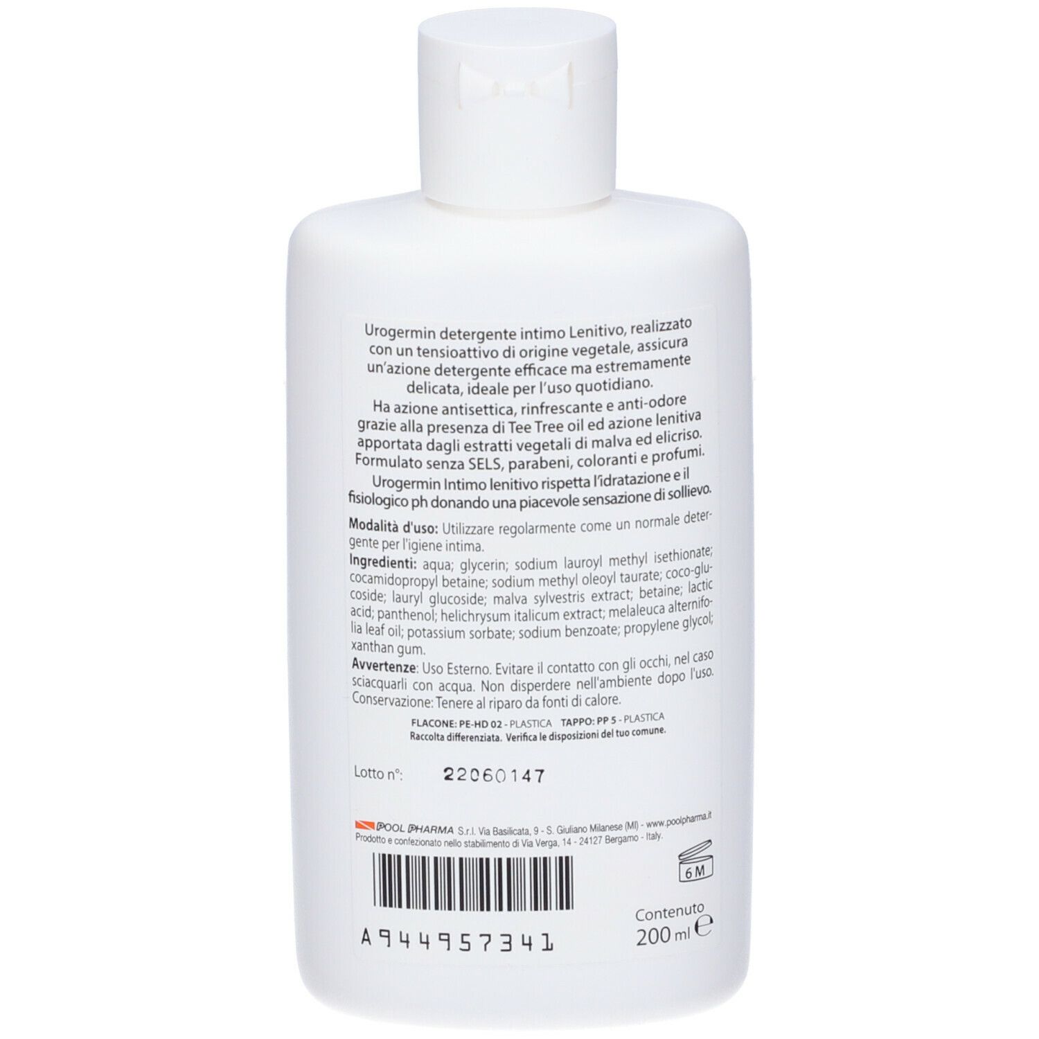 Retro del flacone bianco. Testo con ingredienti e istruzioni per l'uso. Nome prodotto: Urogermin Detergente intimo lenitivo. 200 ml.