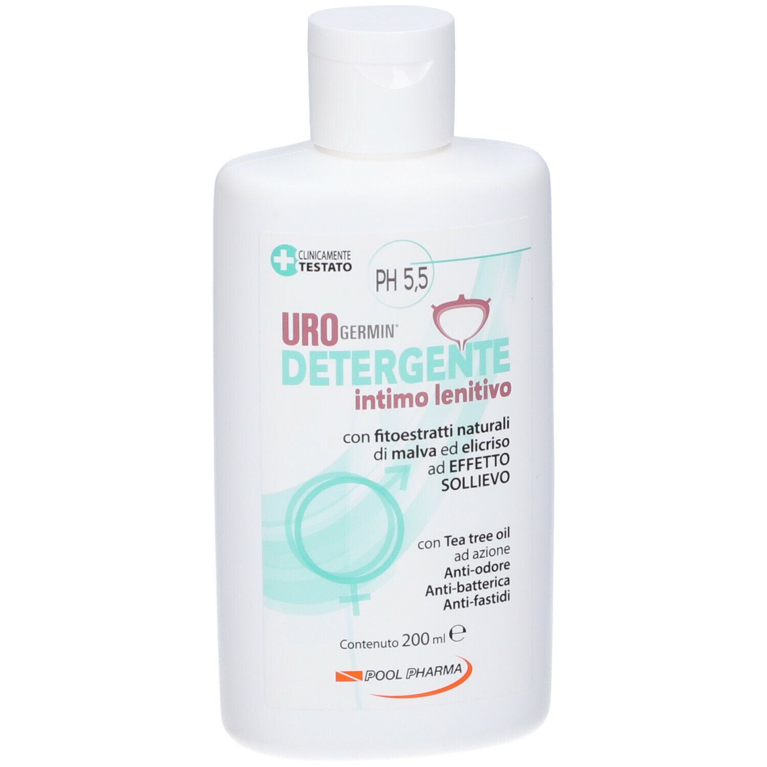 Flacone bianco con scritte verde-turchese. Urogermin Detergente intimo lenitivo, pH 5,5. Contiene estratti di malva ed elicriso. Testato clinicamente.