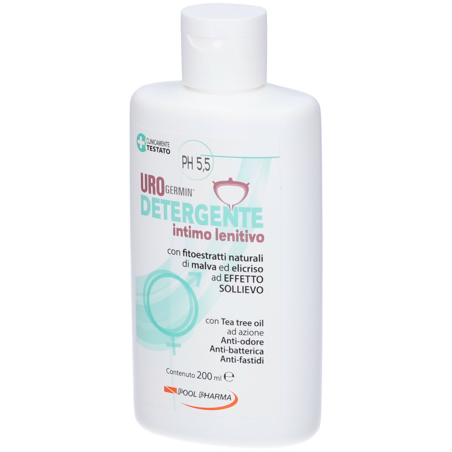 Flacone bianco con scritte verde-turchese. Urogermin Detergente intimo lenitivo, pH 5,5. Contiene estratti di malva ed elicriso. Testato clinicamente.