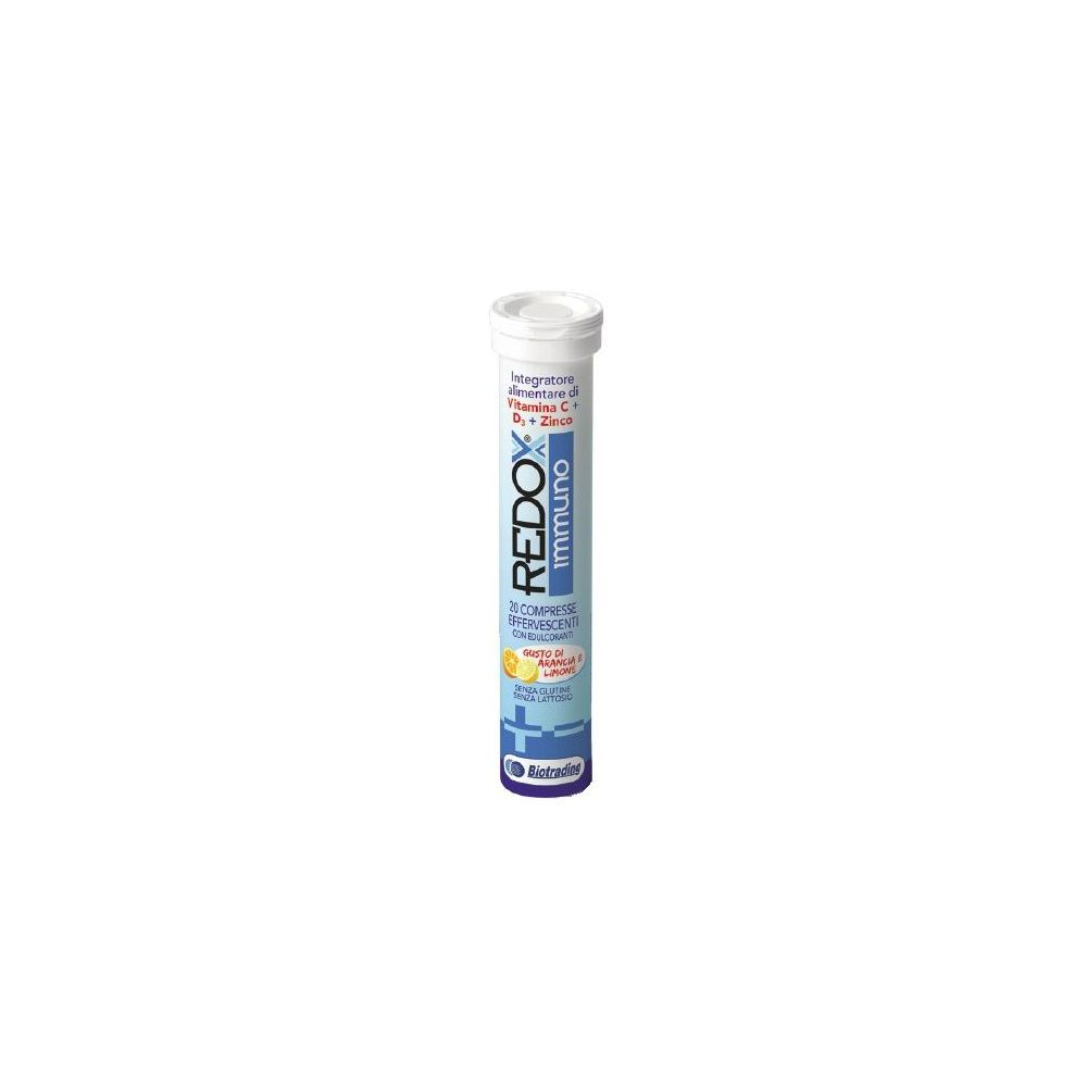 Confezione cilindrica di Redox Immuno. Contiene 20 compresse effervescenti gusto arancia e limone.