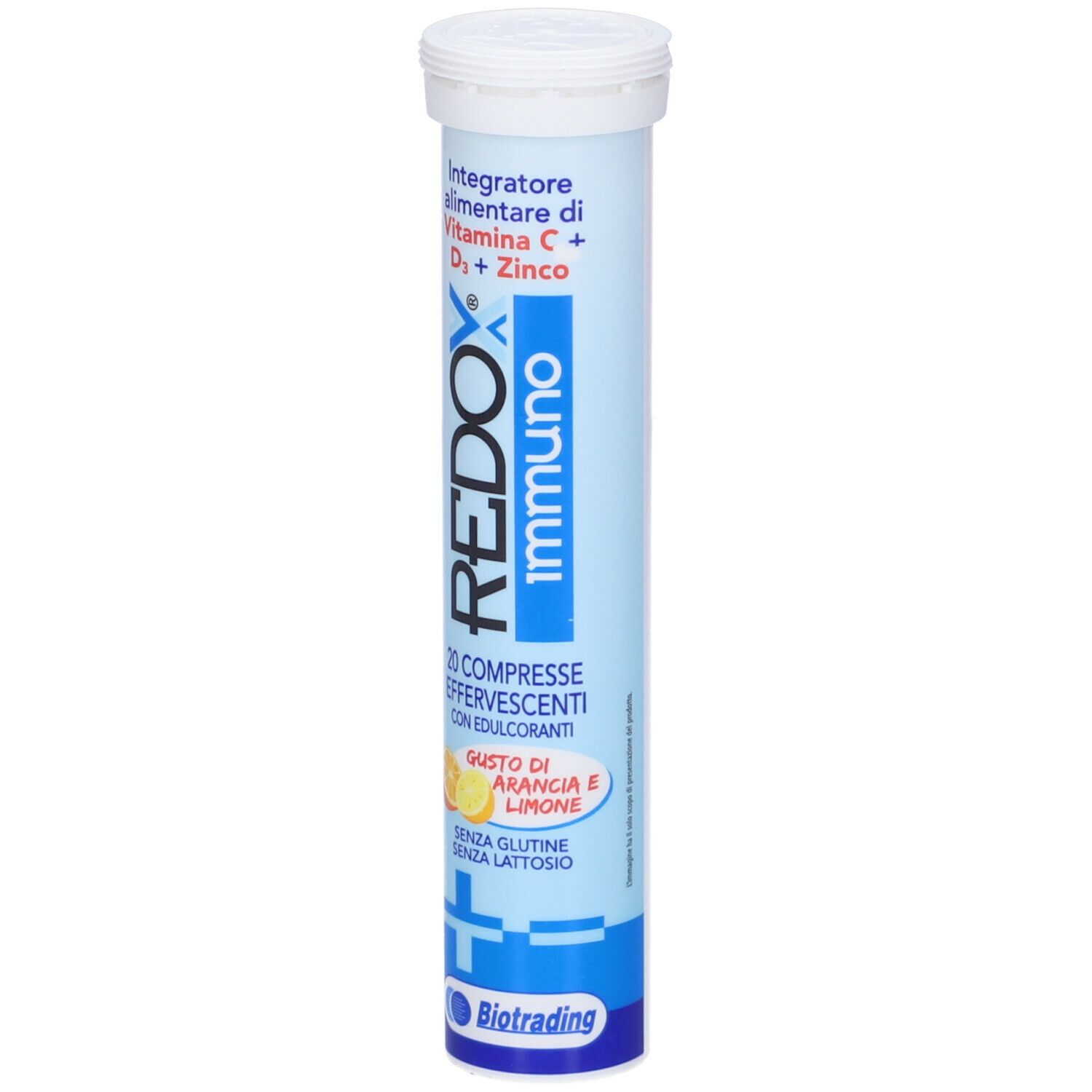 Confezione cilindrica Redox Immuno. 20 compresse effervescenti gusto arancia e limone.