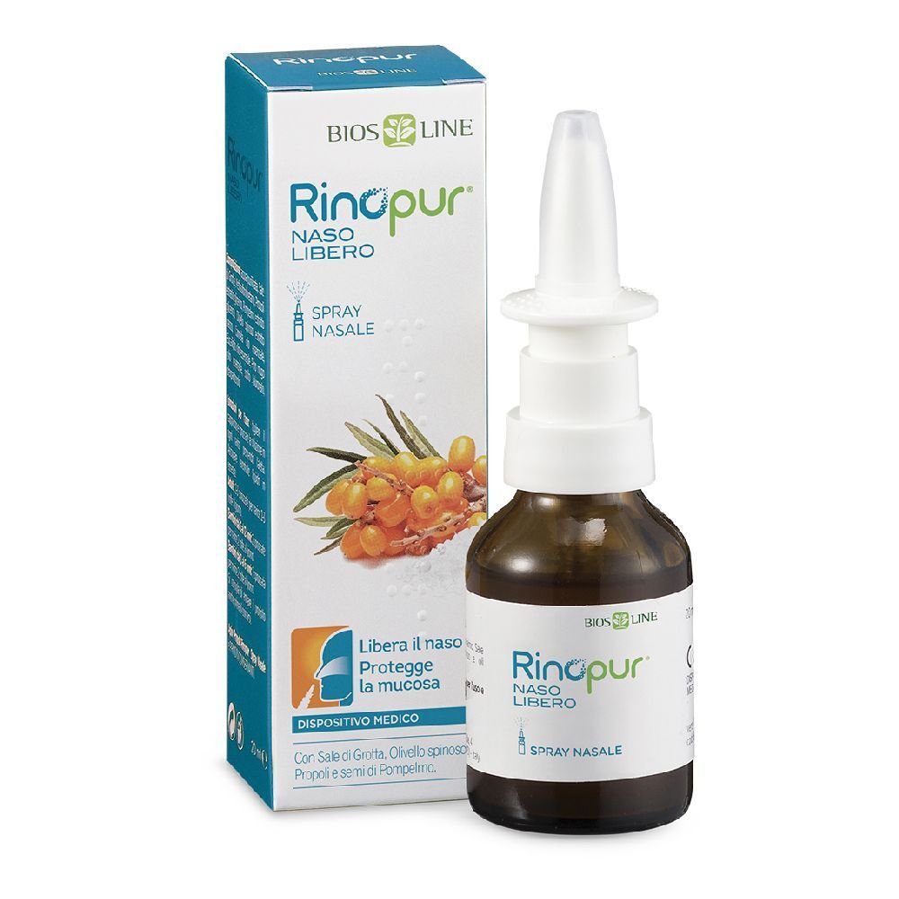 Flacone in vetro marrone con nebulizzatore bianco e scatola. Scritta: Rinopur Naso Libero, Spray Nasale. Scatola con illustrazione del prodotto.