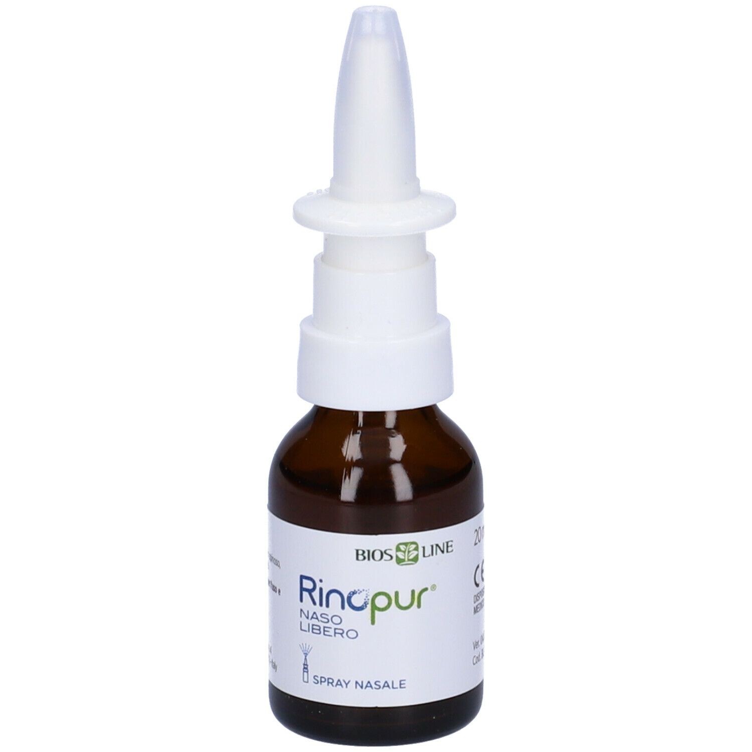 Flacone in vetro marrone con nebulizzatore bianco. Scritta: Rinopur Naso Libero, Spray Nasale. Etichetta del prodotto con marchio CE.