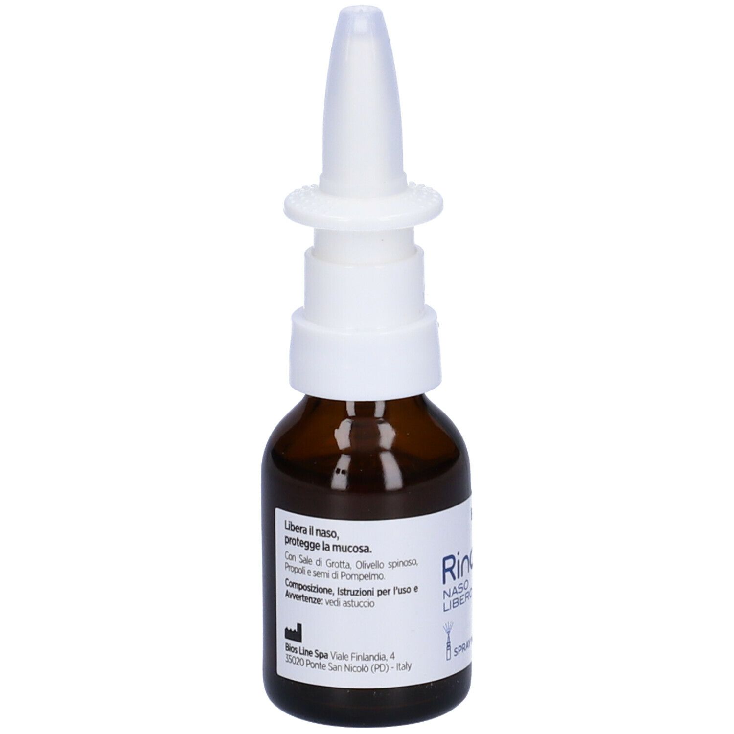 Flacone in vetro marrone con nebulizzatore bianco. Scritta: Rinopur Naso Libero, Spray Nasale. Etichetta del prodotto con ingredienti e produttore.