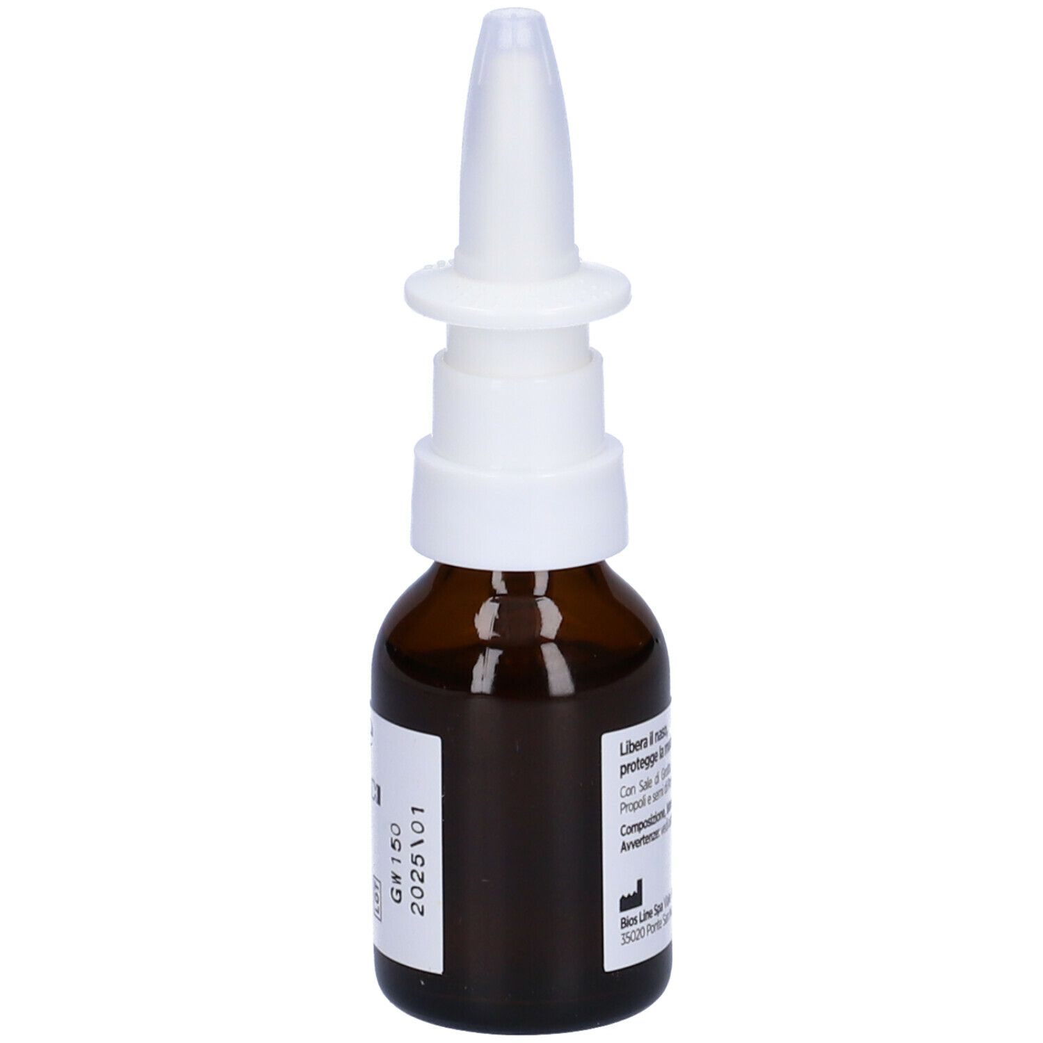 Flacone in vetro marrone con nebulizzatore bianco. Scritta: Rinopur Naso Libero, Spray Nasale. Etichetta del prodotto con ingredienti e produttore.