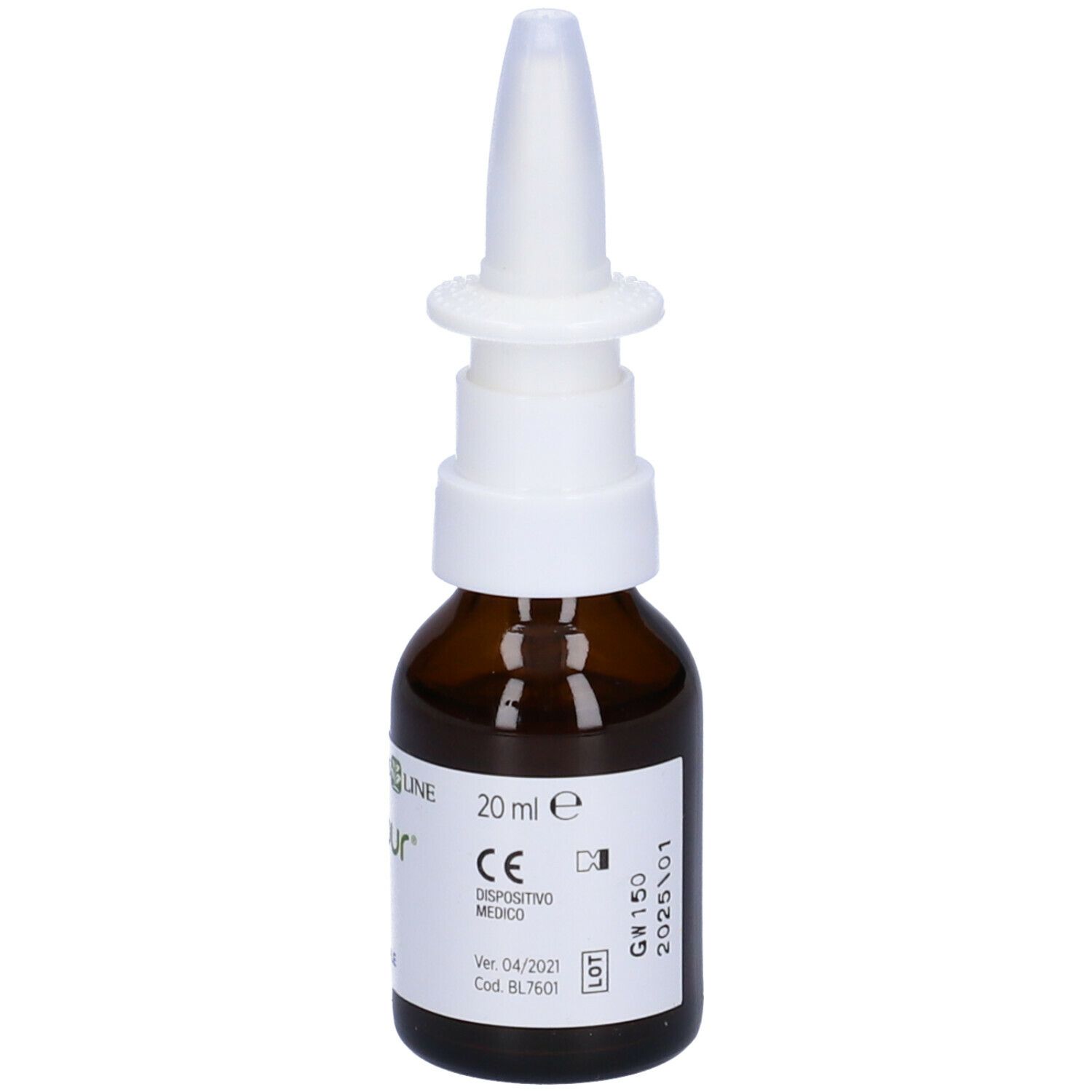 Flacone in vetro marrone con nebulizzatore bianco. Scritta: Rinopur Naso Libero, Spray Nasale. Etichetta del prodotto con numero di lotto e data di scadenza.