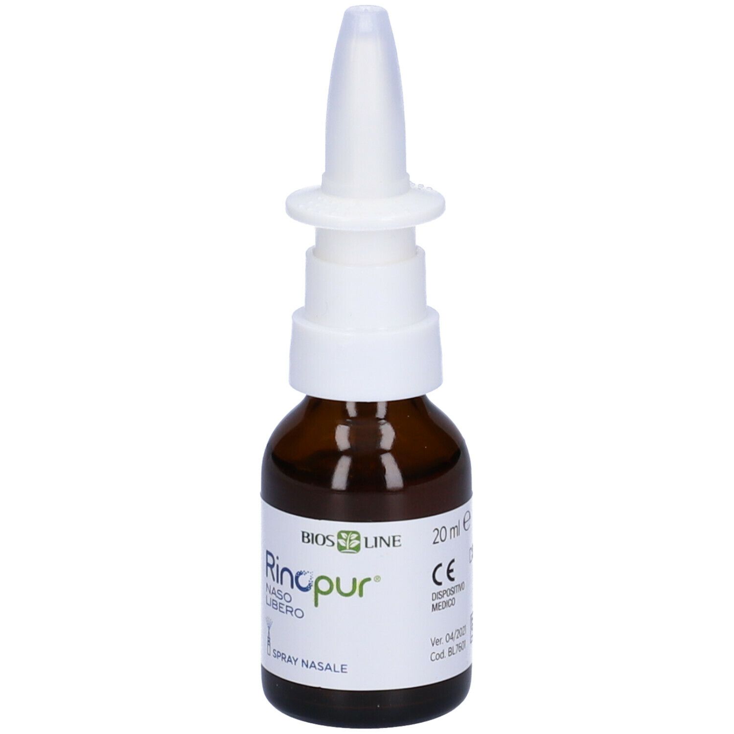 Flacone in vetro marrone con nebulizzatore bianco. Scritta: Rinopur Naso Libero, Spray Nasale. Etichetta del prodotto con indicazione del volume 20 ml.