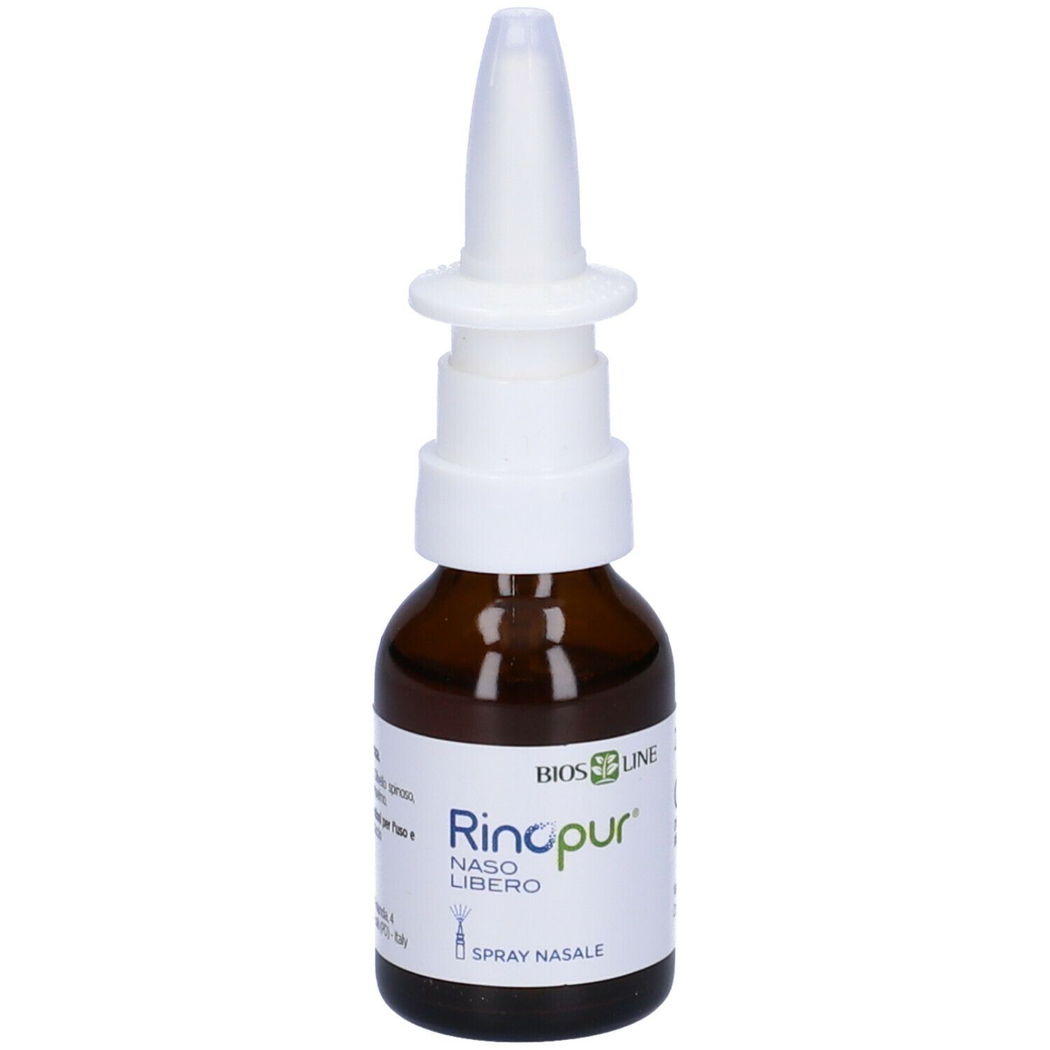 Flacone in vetro marrone con nebulizzatore bianco. Scritta: Rinopur Naso Libero, Spray Nasale. Etichetta del prodotto con volume 20 ml e marchio CE.