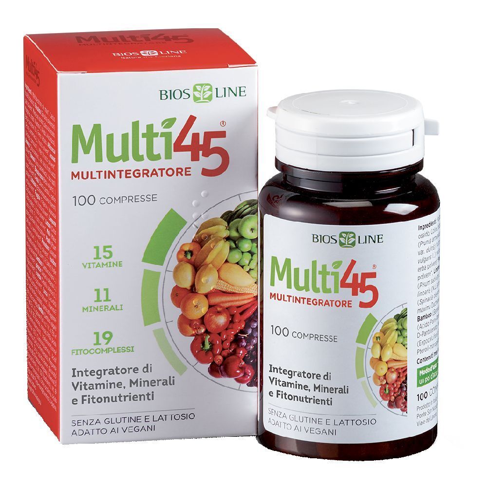 Flacone di compresse marrone e scatola. Scritta Multi45, 100 compresse. Contiene vitamine, minerali e fitonutrienti.