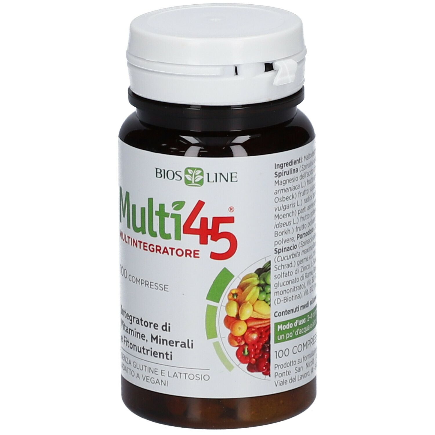Flacone di compresse marrone con coperchio bianco. Scritta Multi45, 100 compresse. Contiene vitamine, minerali e fitonutrienti.