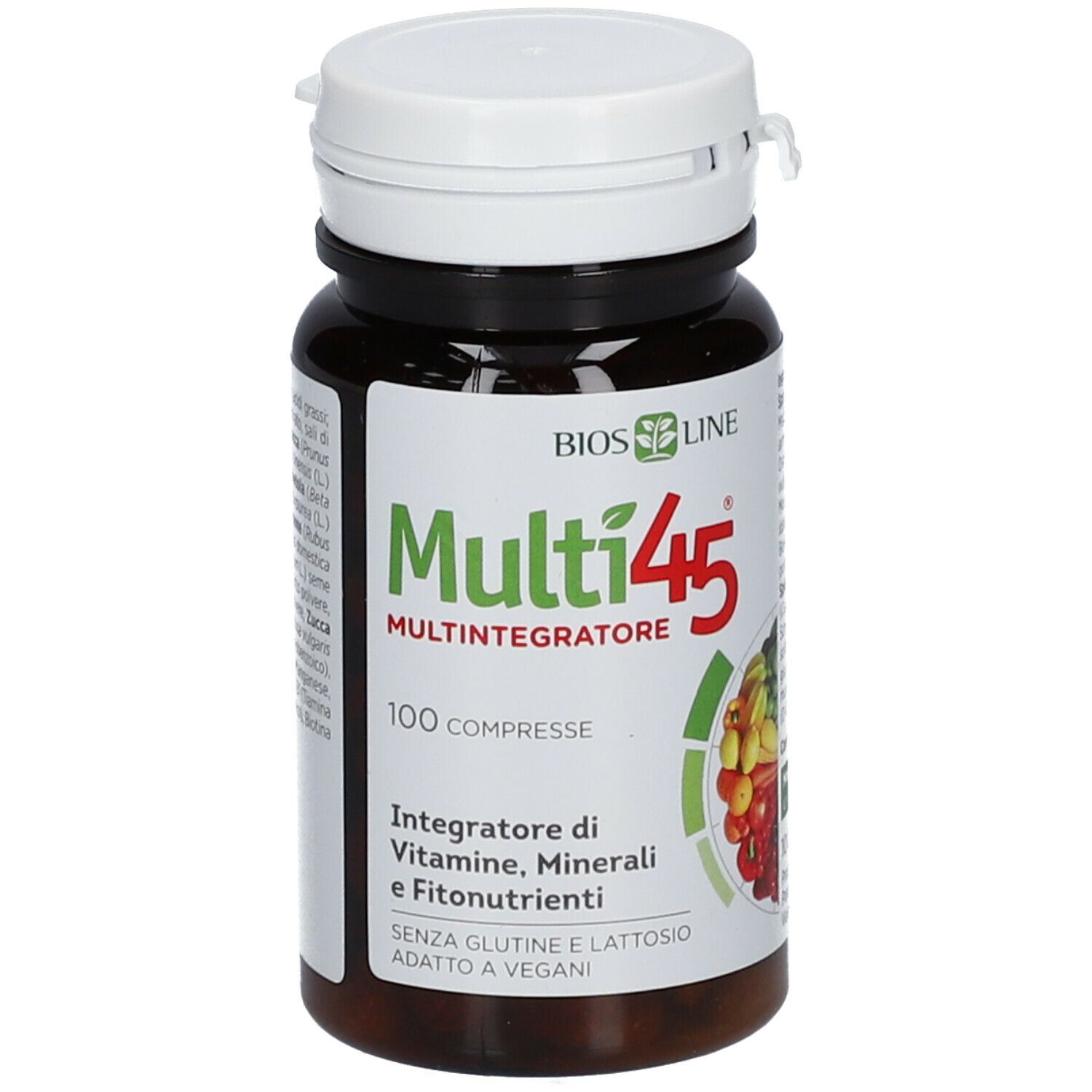 Flacone di compresse marrone con coperchio bianco. Scritta Multi45, 100 compresse. Contiene vitamine, minerali e fitonutrienti.