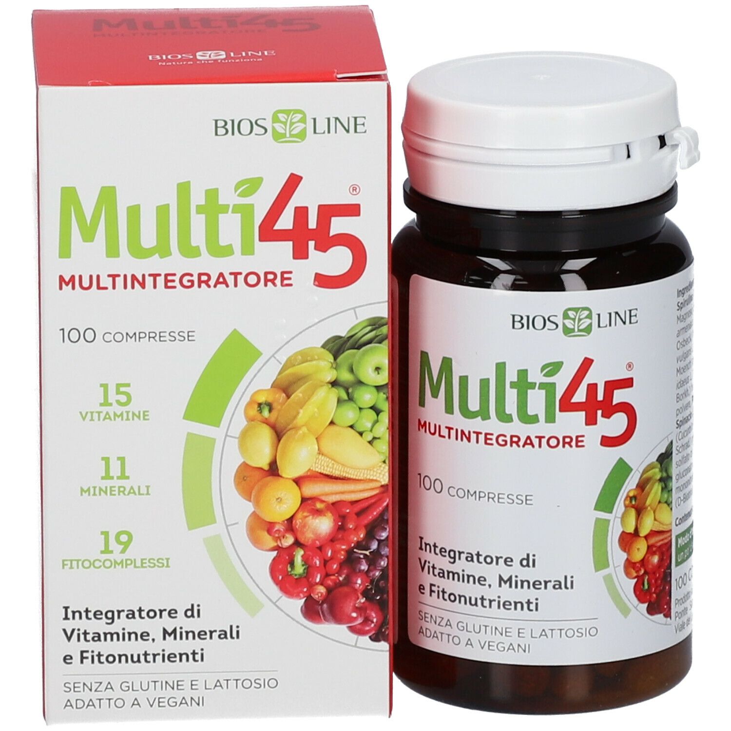 Flacone di compresse marrone e scatola. Scritta Multi45, 100 compresse. Contiene vitamine, minerali e fitonutrienti.