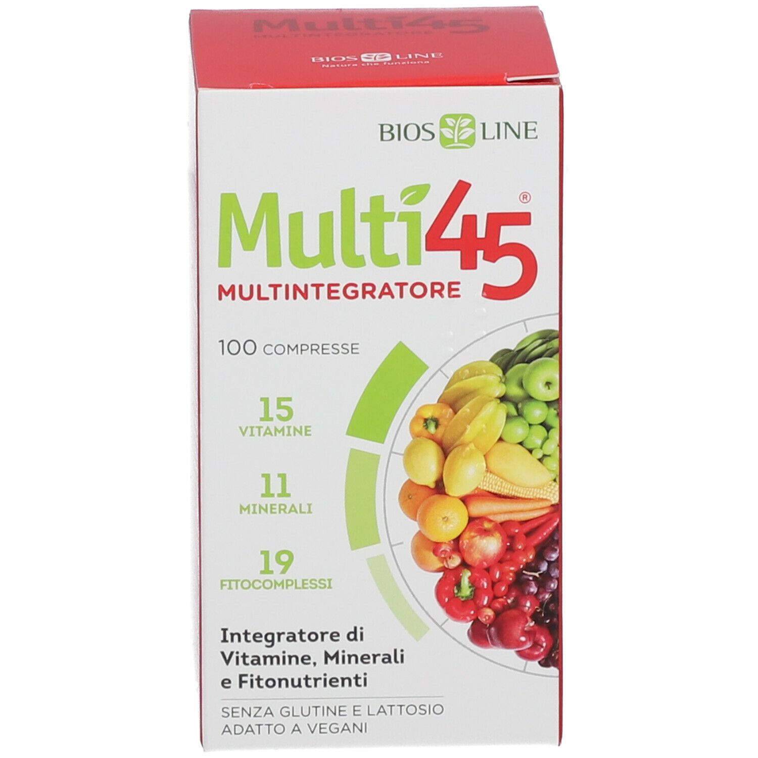 Scatola rossa con scritta Multi45, 100 compresse. Contiene vitamine, minerali e fitonutrienti.