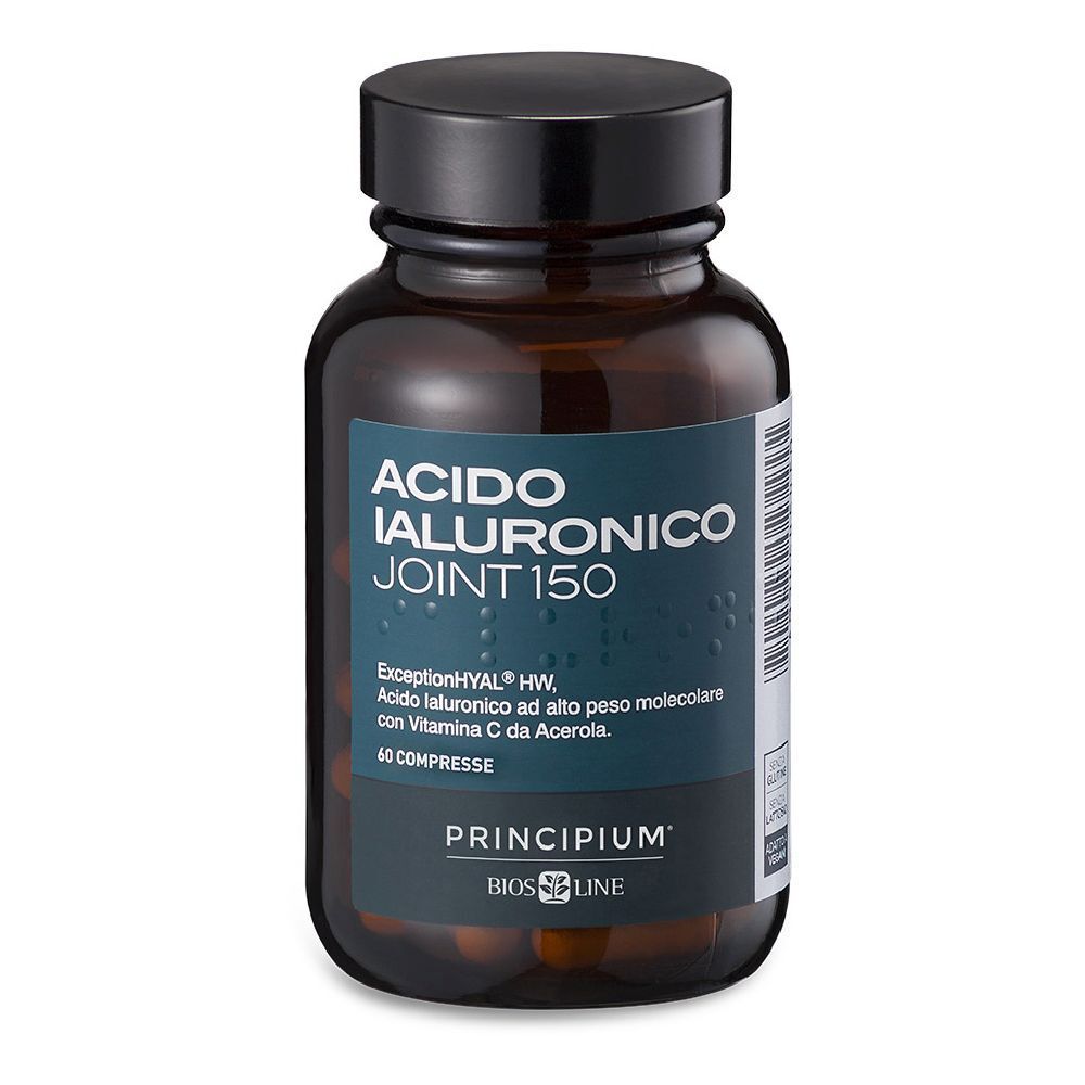 Flacon en verre brun avec bouchon noir. Inscription: ACIDO IALURONICO JOINT 150. Marque: BIOS LINE Principium®. 60 comprimés.
