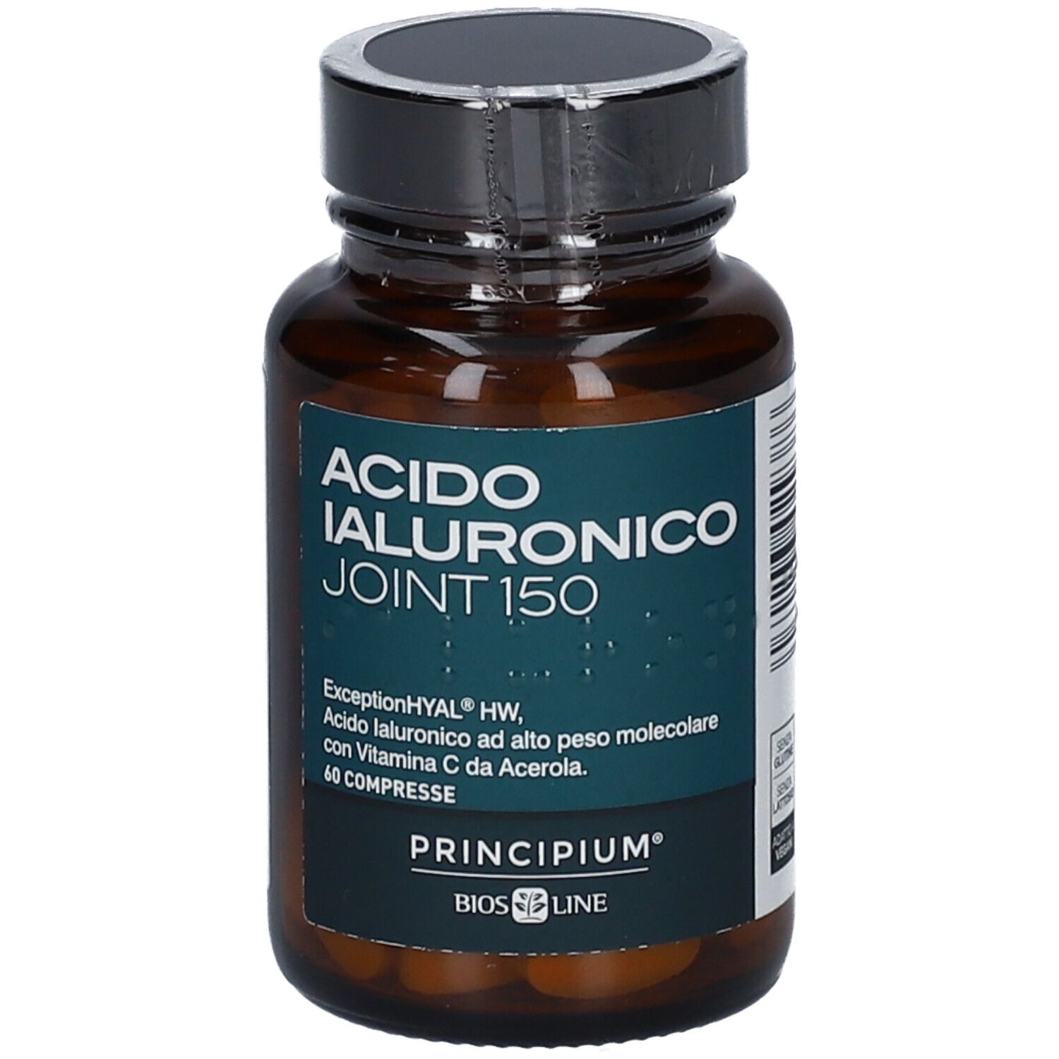 Flacon en verre brun avec bouchon noir et film. Inscription: ACIDO IALURONICO JOINT 150. Marque: BIOS LINE Principium®.