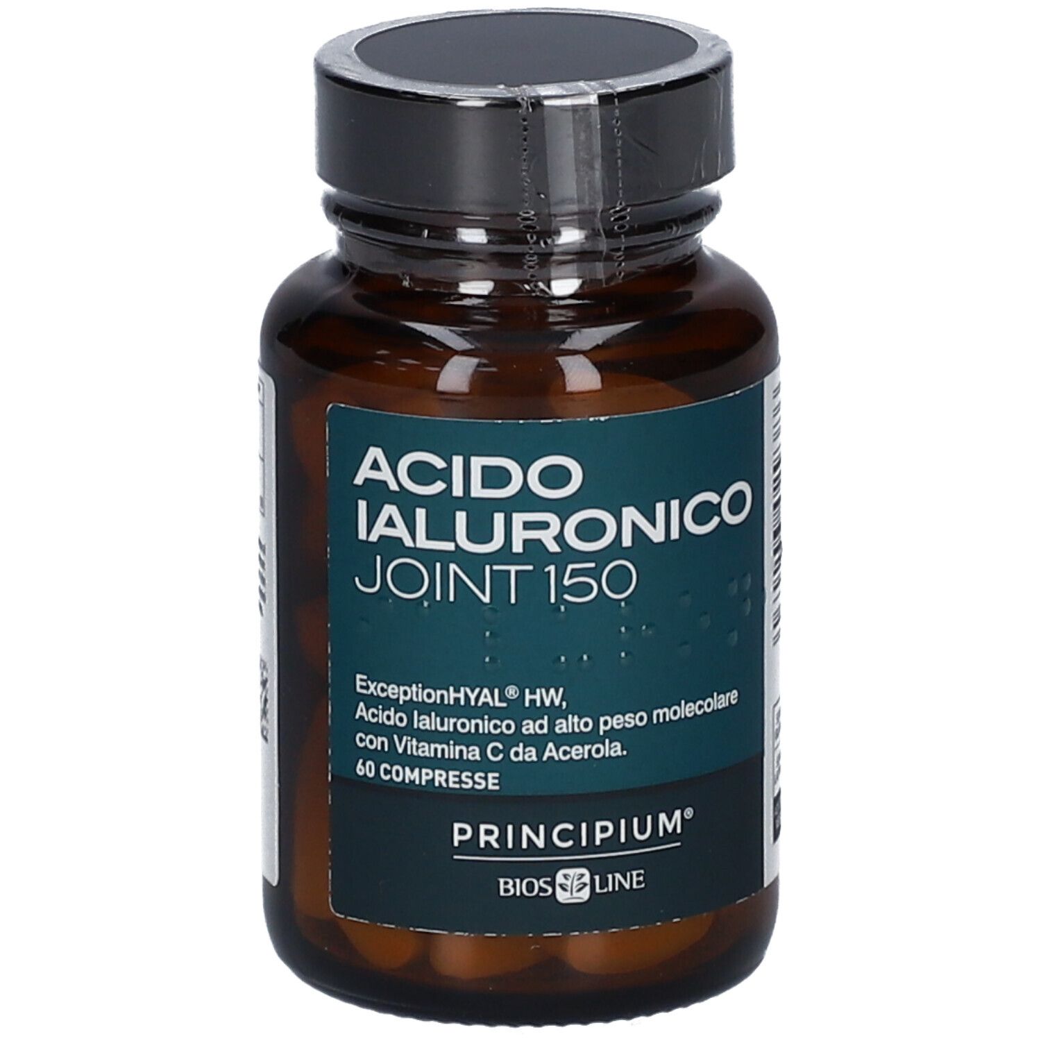 Flacon en verre brun avec bouchon noir. Inscription: ACIDO IALURONICO JOINT 150. Marque: BIOS LINE Principium®. 60 comprimés.