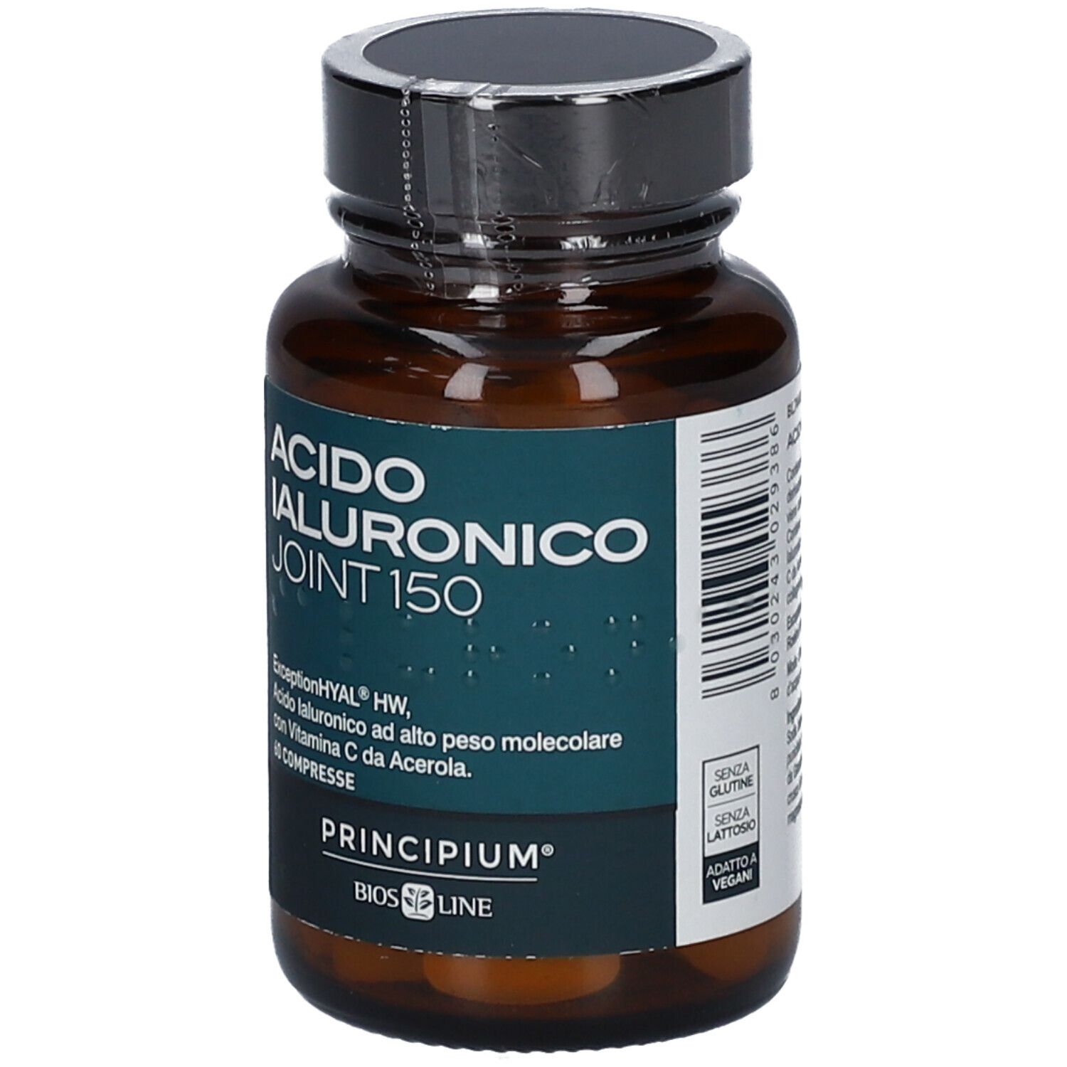 Flacon en verre brun avec bouchon noir. Inscription: ACIDO IALURONICO JOINT 150. Marque: BIOS LINE Principium®. Vegan.