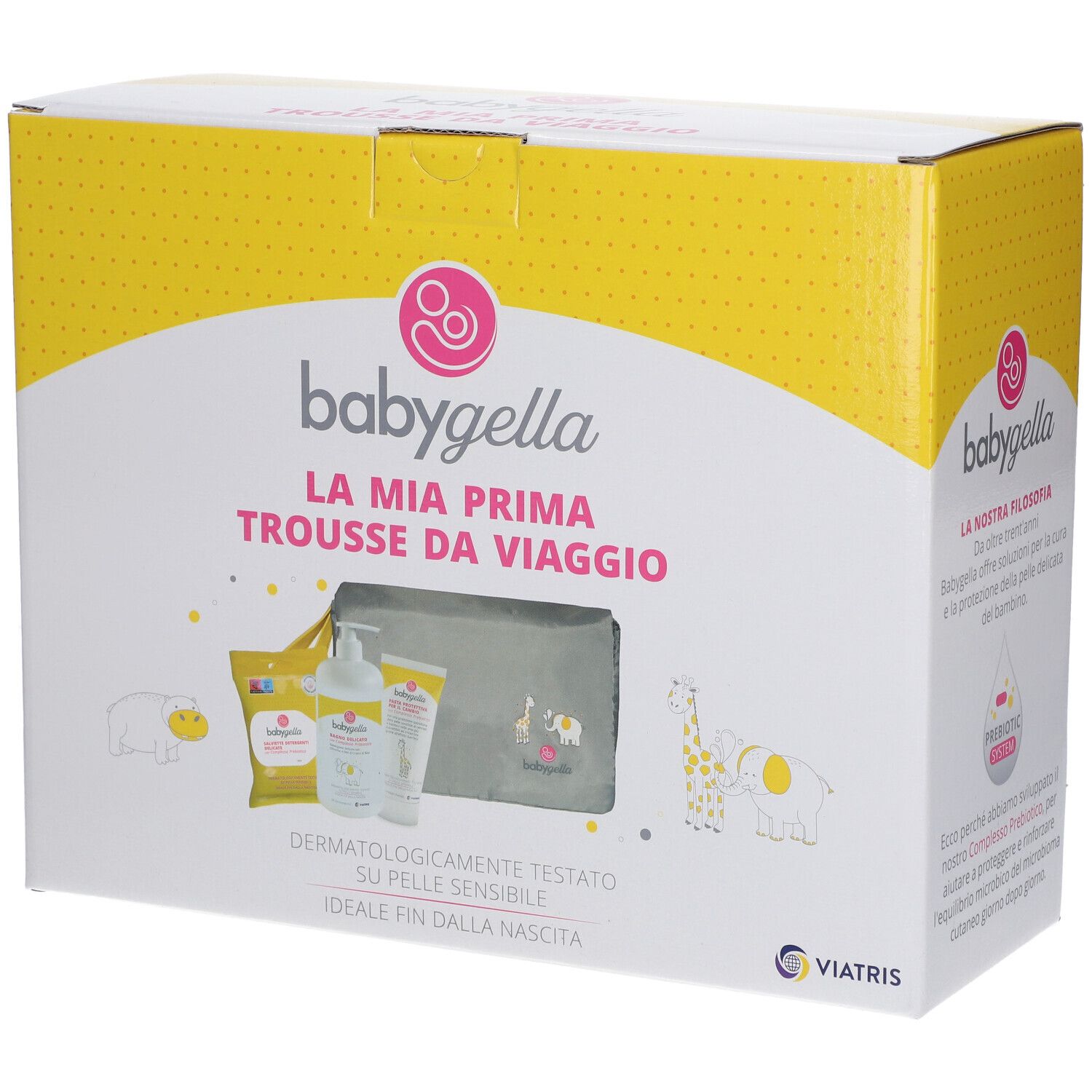 Scatola gialla con immagine del prodotto e scritta. Contiene una trousse grigia, flacone, tubo e bustina. Scritta: Babygella.