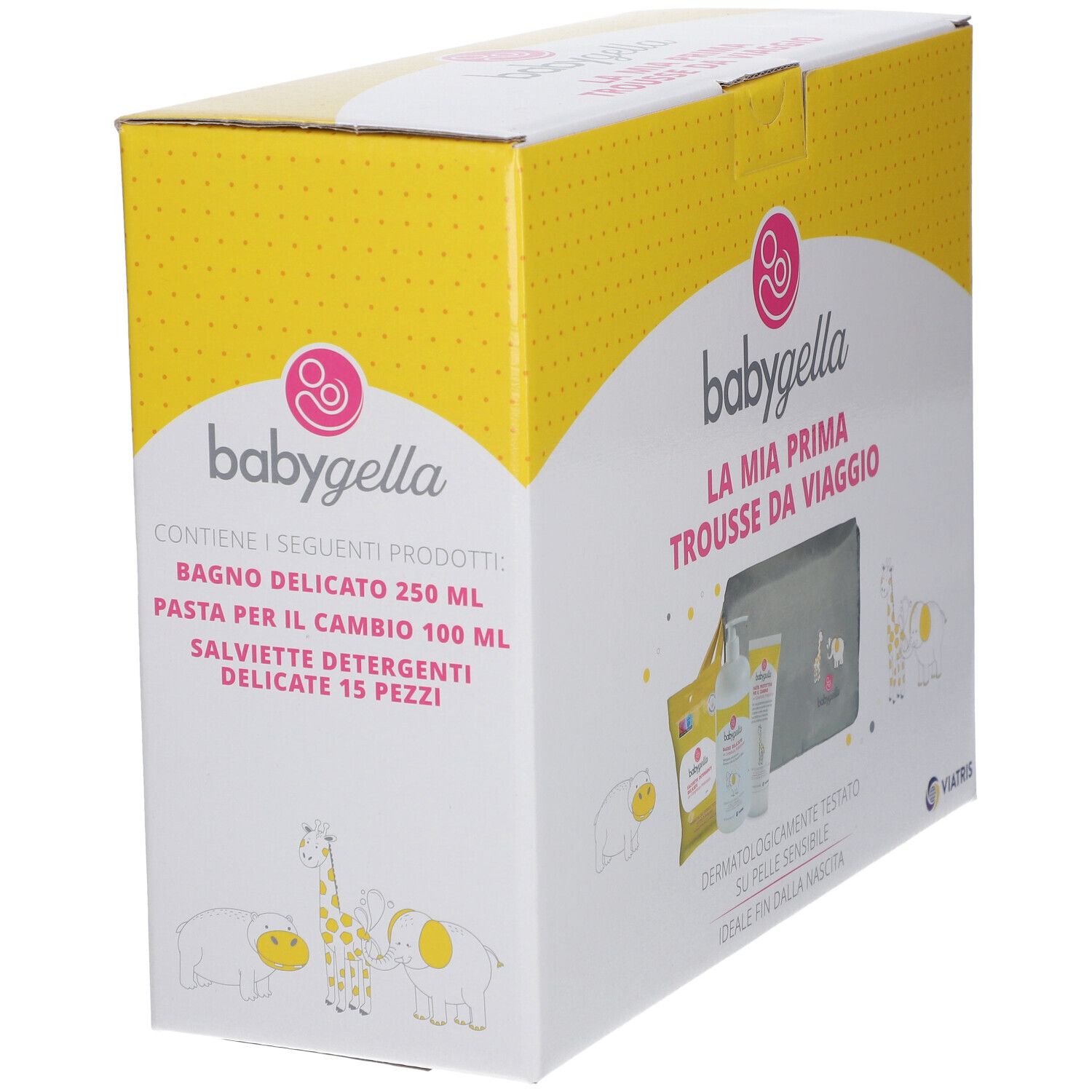 Scatola gialla con immagine del prodotto e testo. Contiene una trousse grigia, flacone, tubo e bustina. Scritta: Babygella. Contiene prodotti.