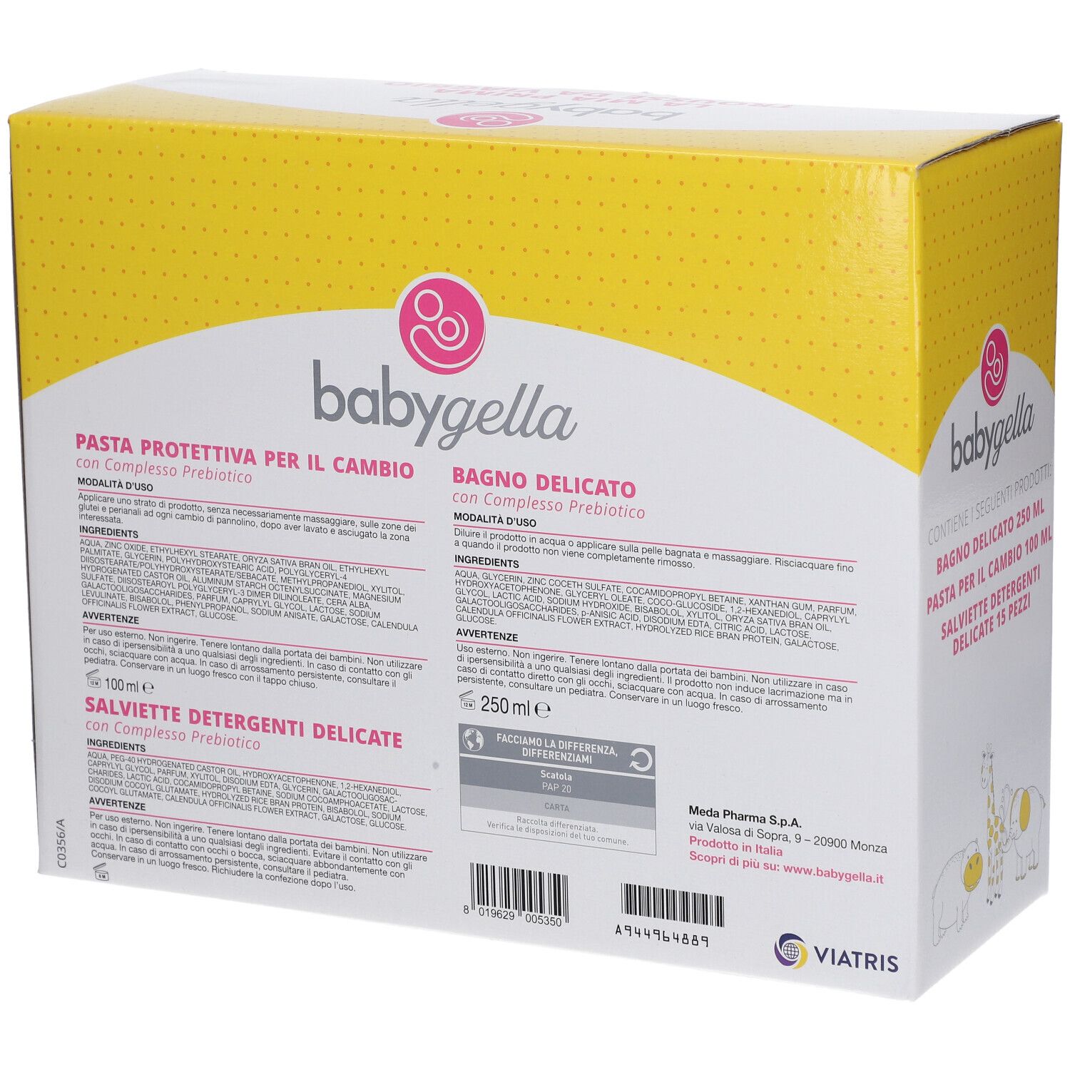 Scatola gialla con testo e informazioni sul prodotto. Contiene ingredienti e istruzioni. Scritta: Babygella. Retro della confezione.