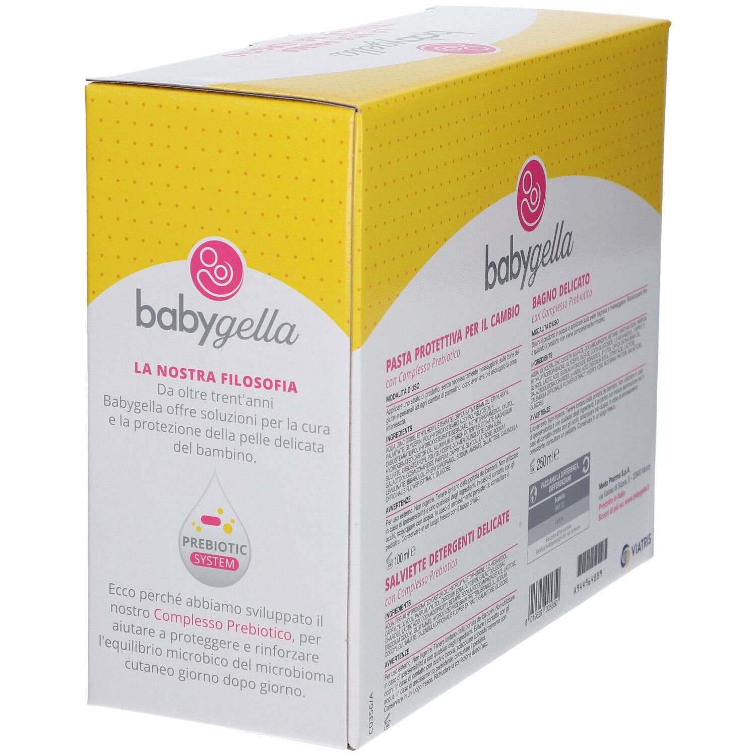 Scatola gialla con testo e informazioni sul prodotto. Contiene ingredienti e istruzioni. Scritta: Babygella. Retro della confezione.