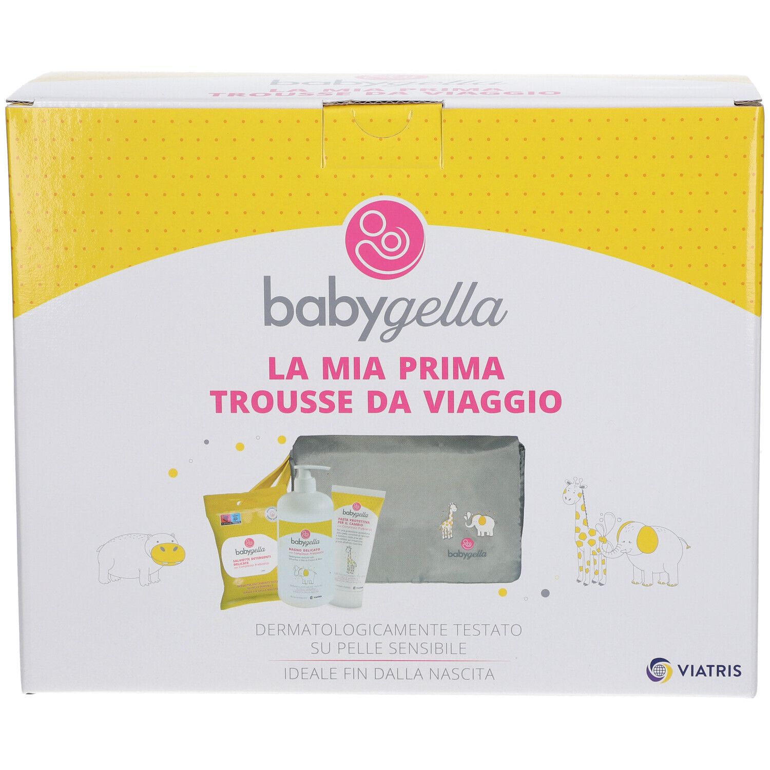 Scatola gialla con immagine del prodotto e scritta. Contiene una trousse grigia, flacone, tubo e bustina. Scritta: Babygella.