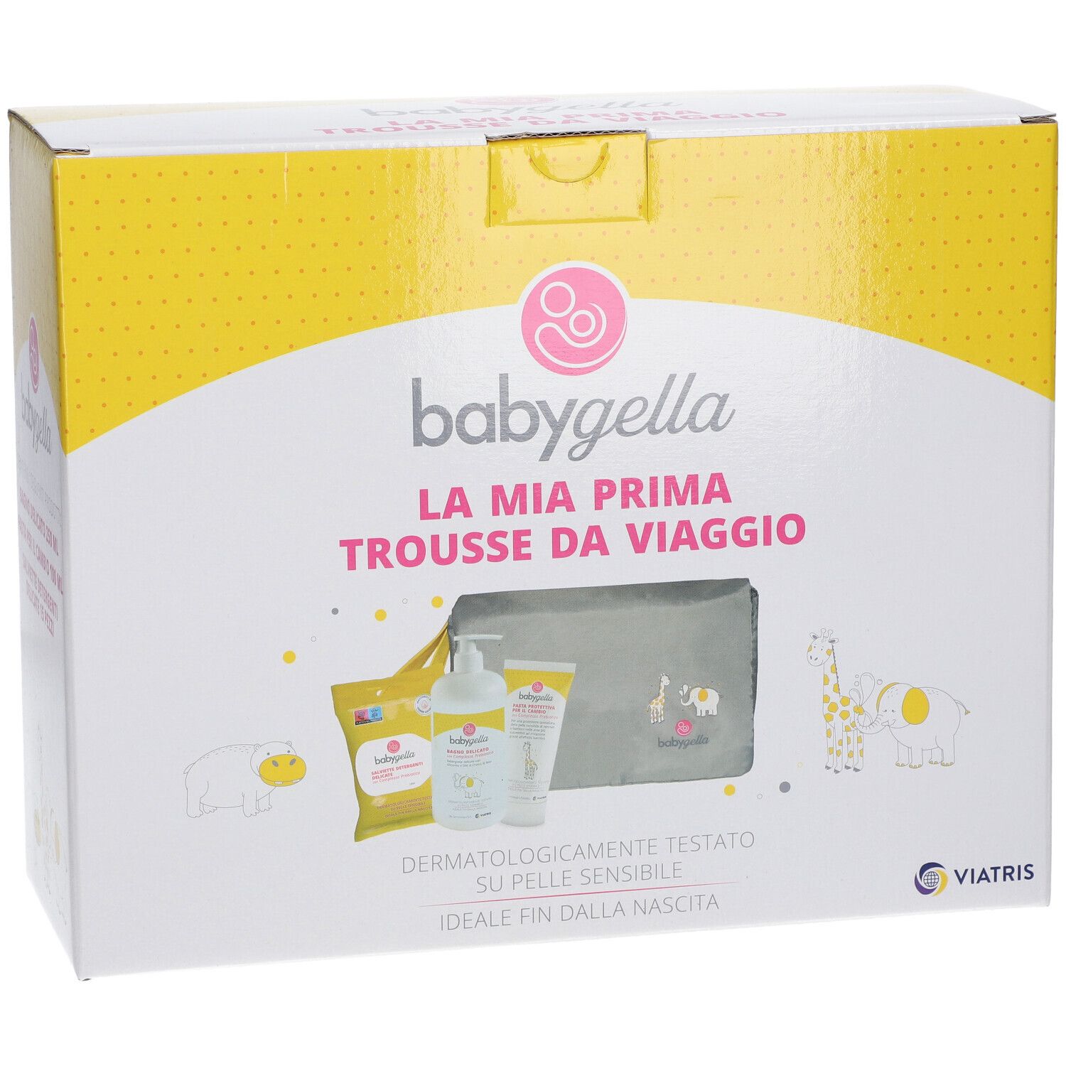 Scatola gialla con immagine del prodotto e scritta. Contiene una trousse grigia, flacone, tubo e bustina. Scritta: Babygella.