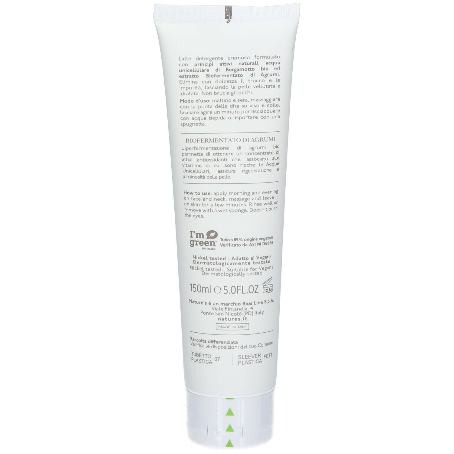 Retro del tubo con informazioni sul prodotto. Testo: Modo d'uso, ingredienti, 150ml, 5.0FL.OZ, I'm green.